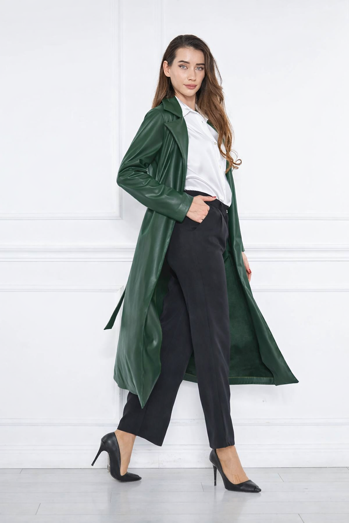 Kadın Trend Cepli Kuşaklı Uzun Zümrüt Deri Kaban