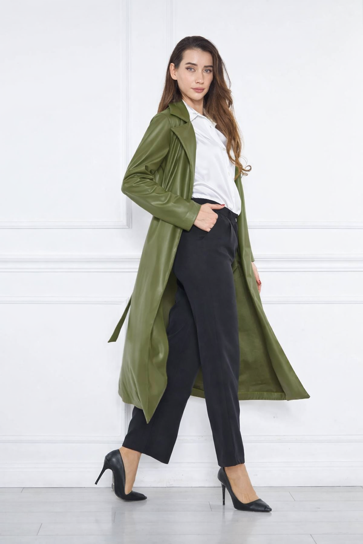 Kadın Trend Cepli Kuşaklı Uzun Haki Deri Kaban