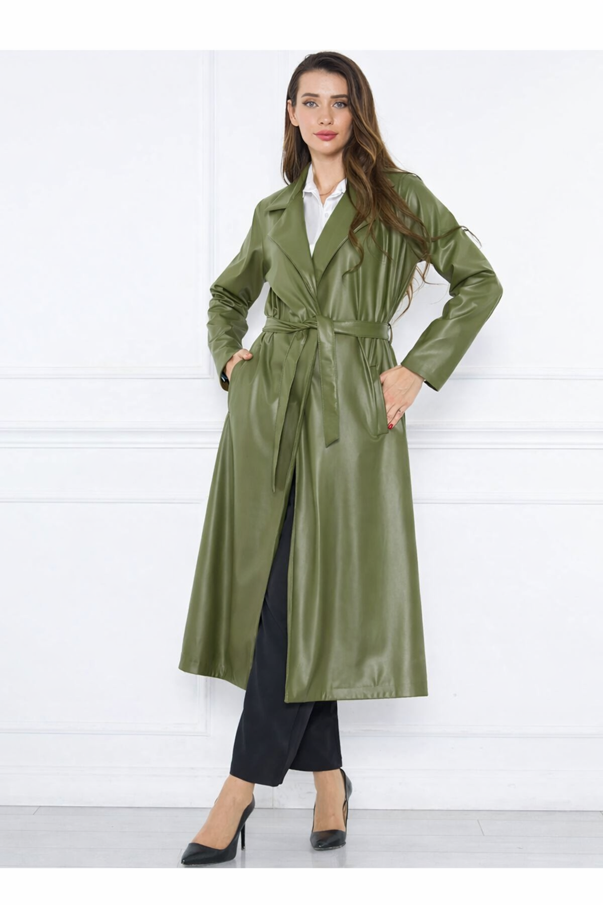 Kadın Trend Cepli Kuşaklı Uzun Haki Deri Kaban