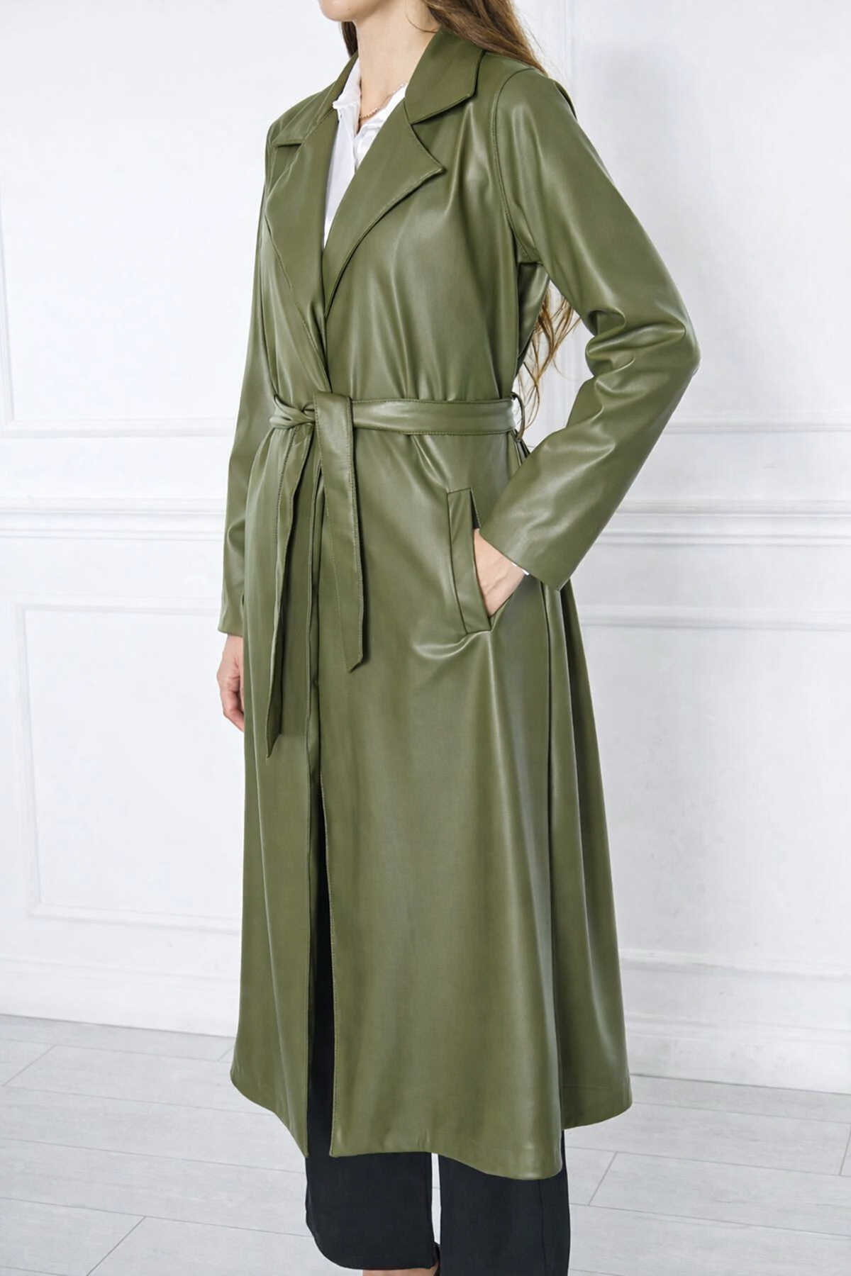 Kadın Trend Cepli Kuşaklı Uzun Haki Deri Kaban