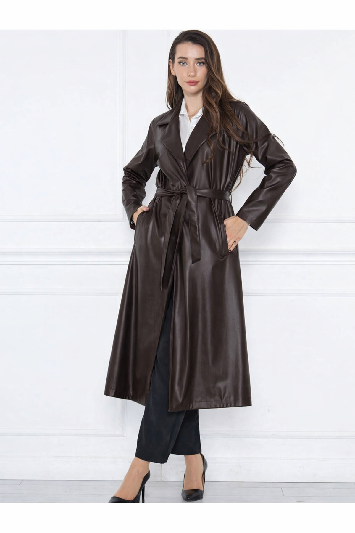 Kadın Trend Cepli Kuşaklı Uzun K.Kahve Deri Kaban