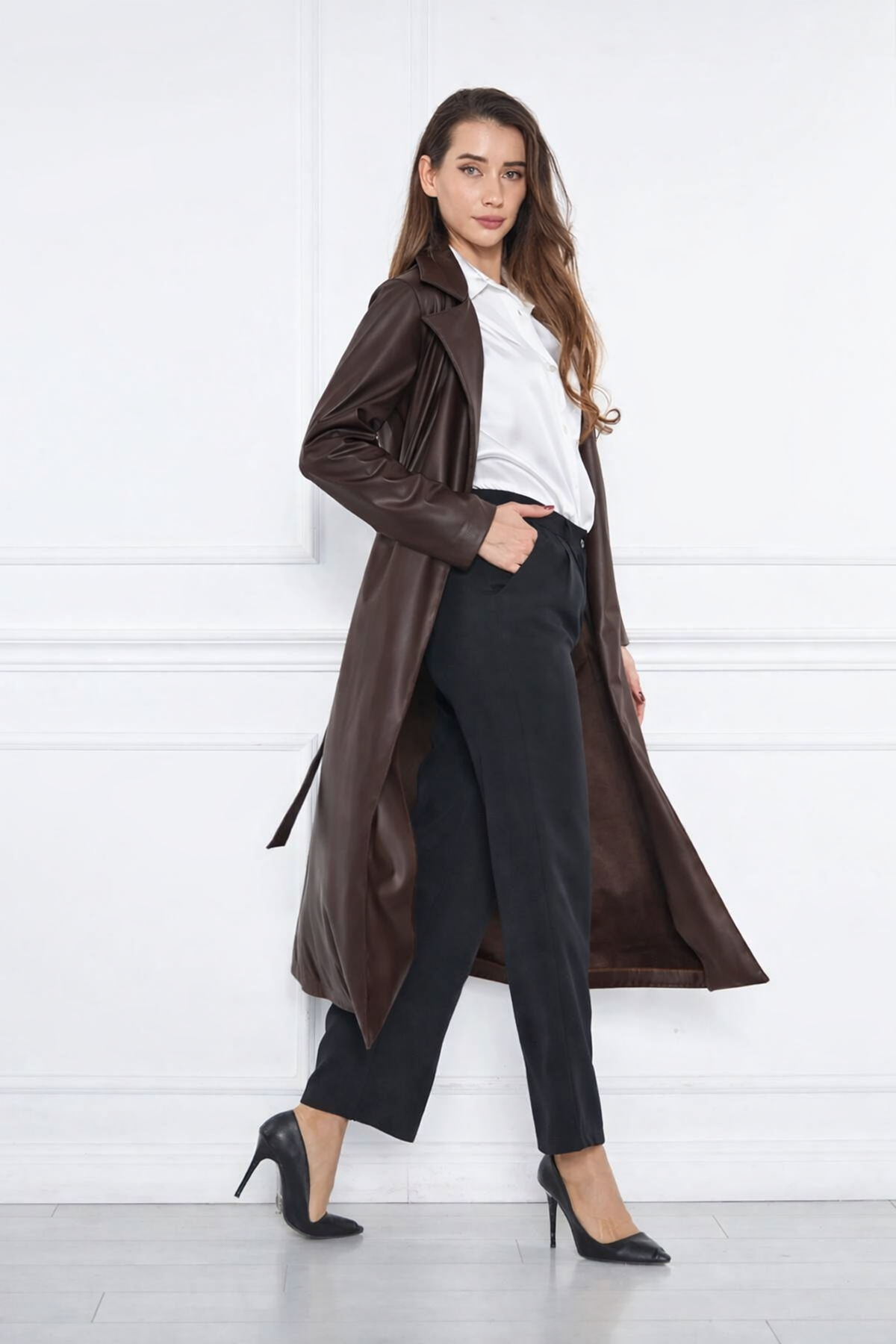 Kadın Trend Cepli Kuşaklı Uzun K.Kahve Deri Kaban