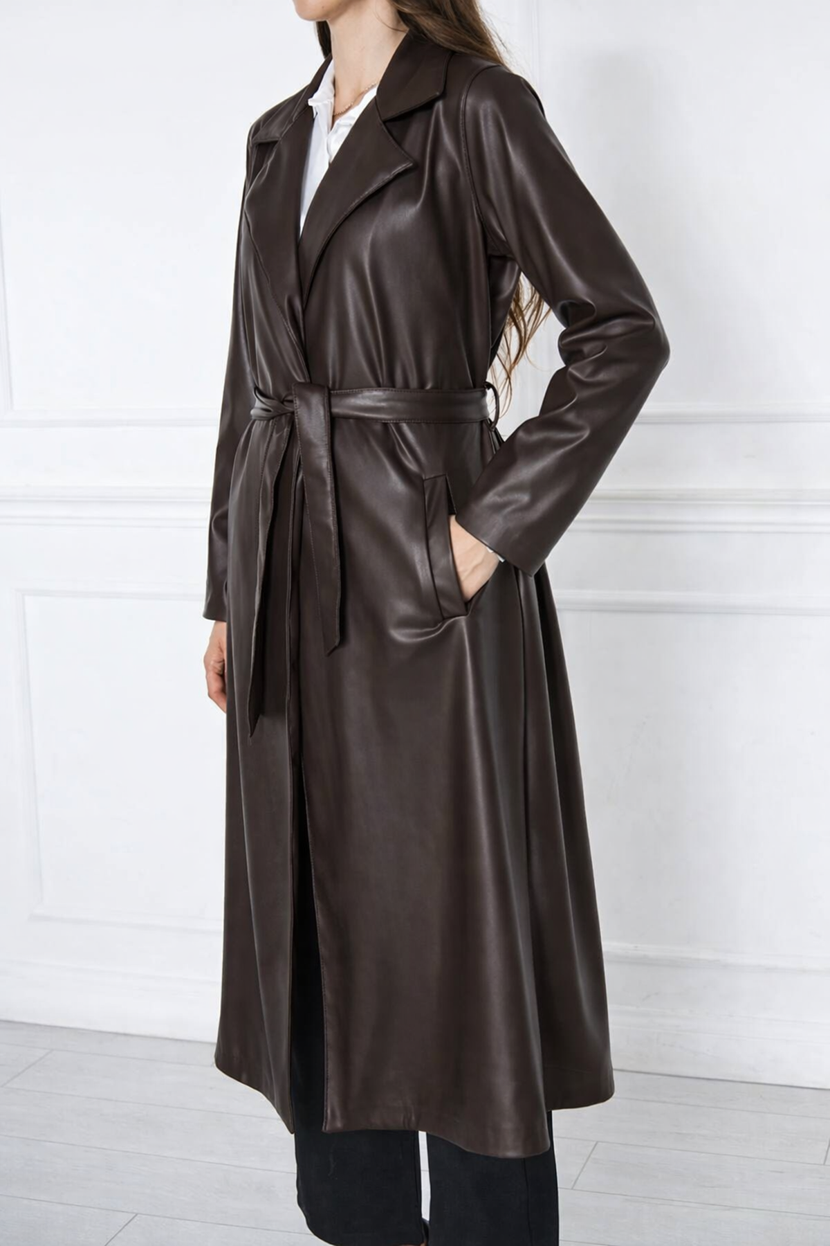 Kadın Trend Cepli Kuşaklı Uzun K.Kahve Deri Kaban