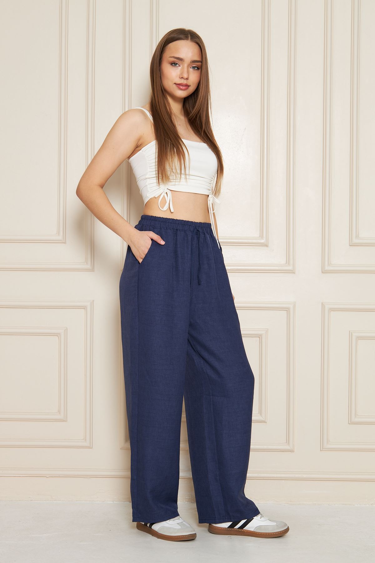 Kadın Trend Yüksek Bel Lastikli Lacivert Bol Pantolon