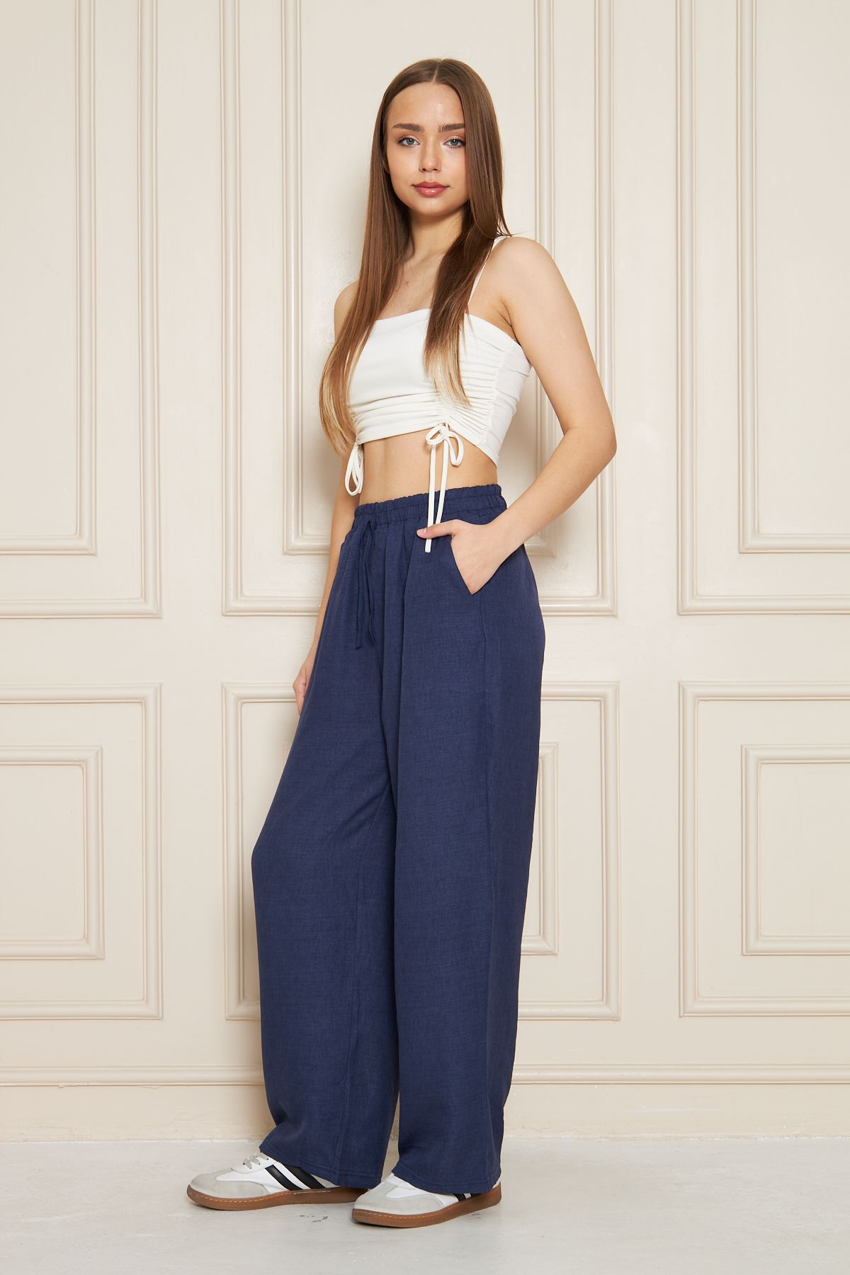 Kadın Trend Yüksek Bel Lastikli Lacivert Bol Pantolon