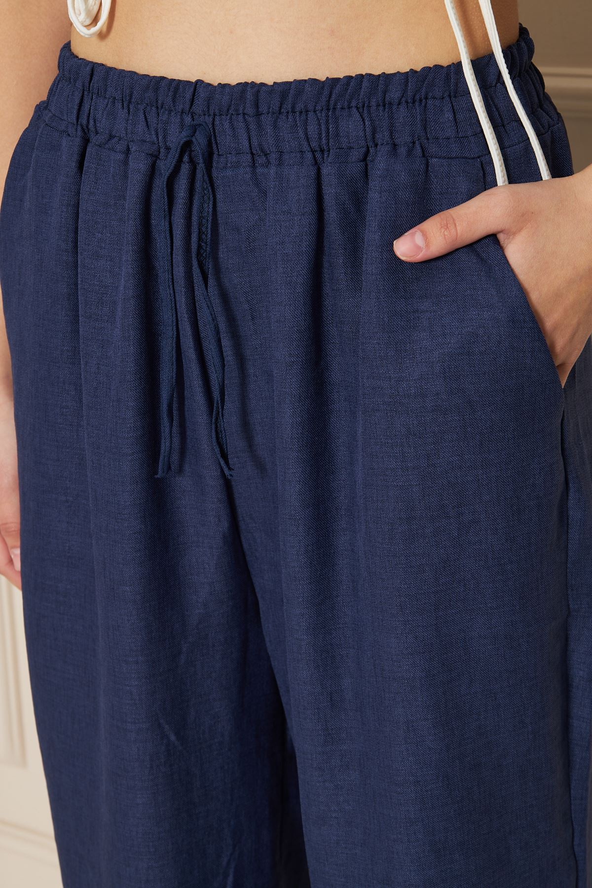 Kadın Trend Yüksek Bel Lastikli Lacivert Bol Pantolon