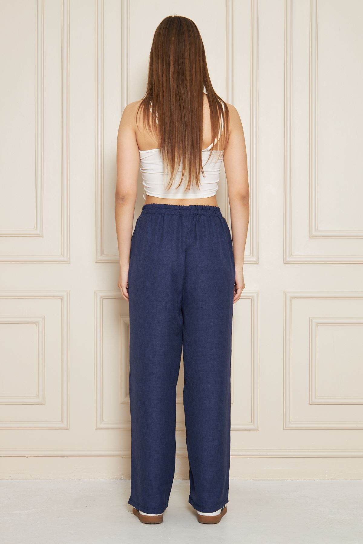 Kadın Trend Yüksek Bel Lastikli Lacivert Bol Pantolon