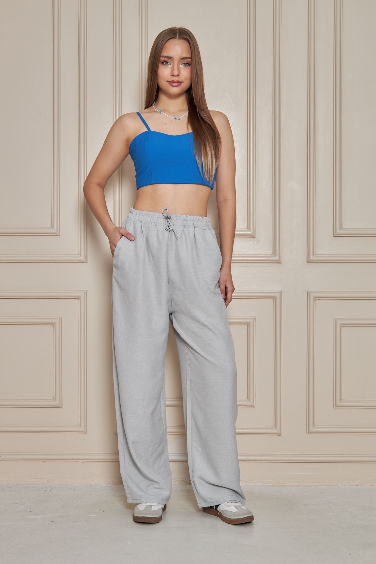 Kadın Trend Yüksek Bel Lastikli Gri Bol Pantolon