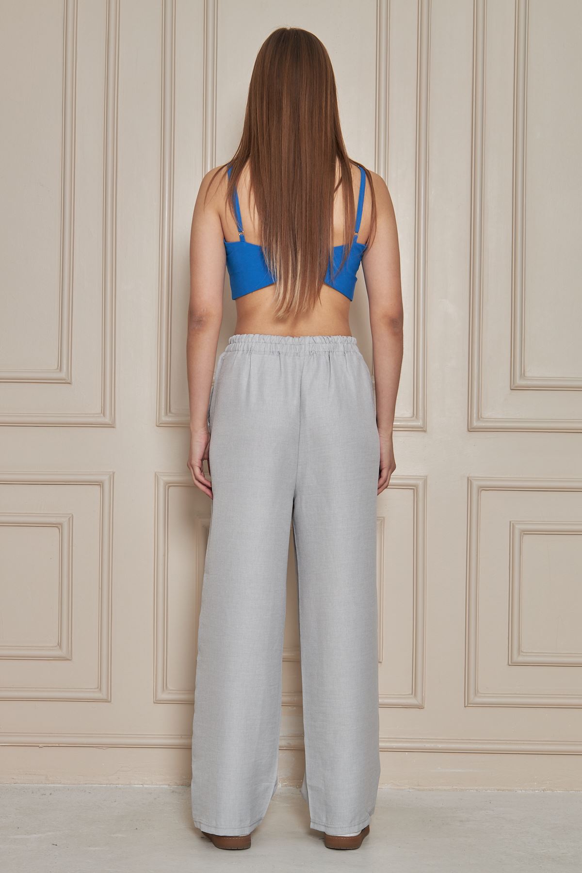 Kadın Trend Yüksek Bel Lastikli Gri Bol Pantolon