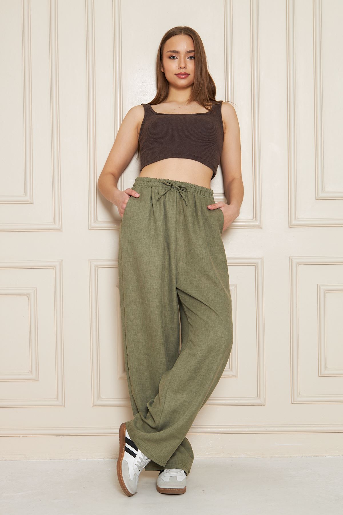 Kadın Trend Yüksek Bel Lastikli Haki Bol Pantolon