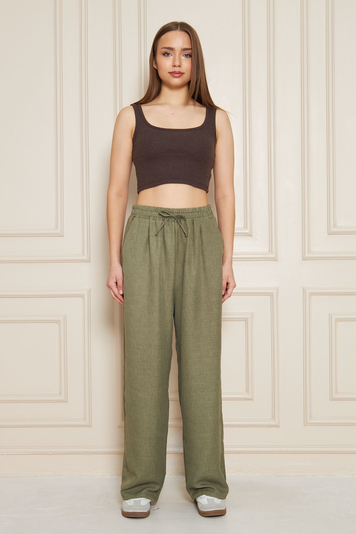 Kadın Trend Yüksek Bel Lastikli Haki Bol Pantolon