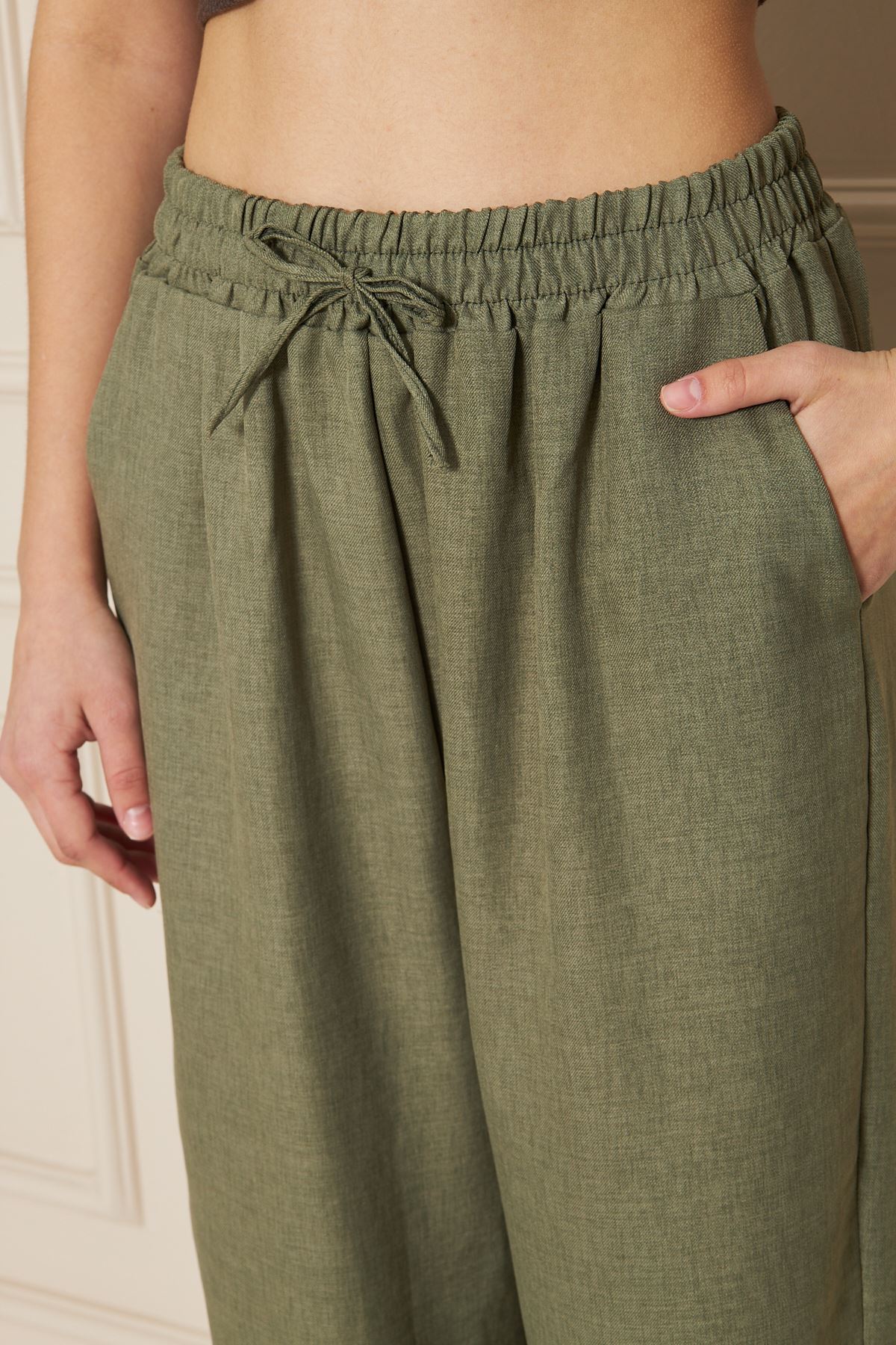 Kadın Trend Yüksek Bel Lastikli Haki Bol Pantolon