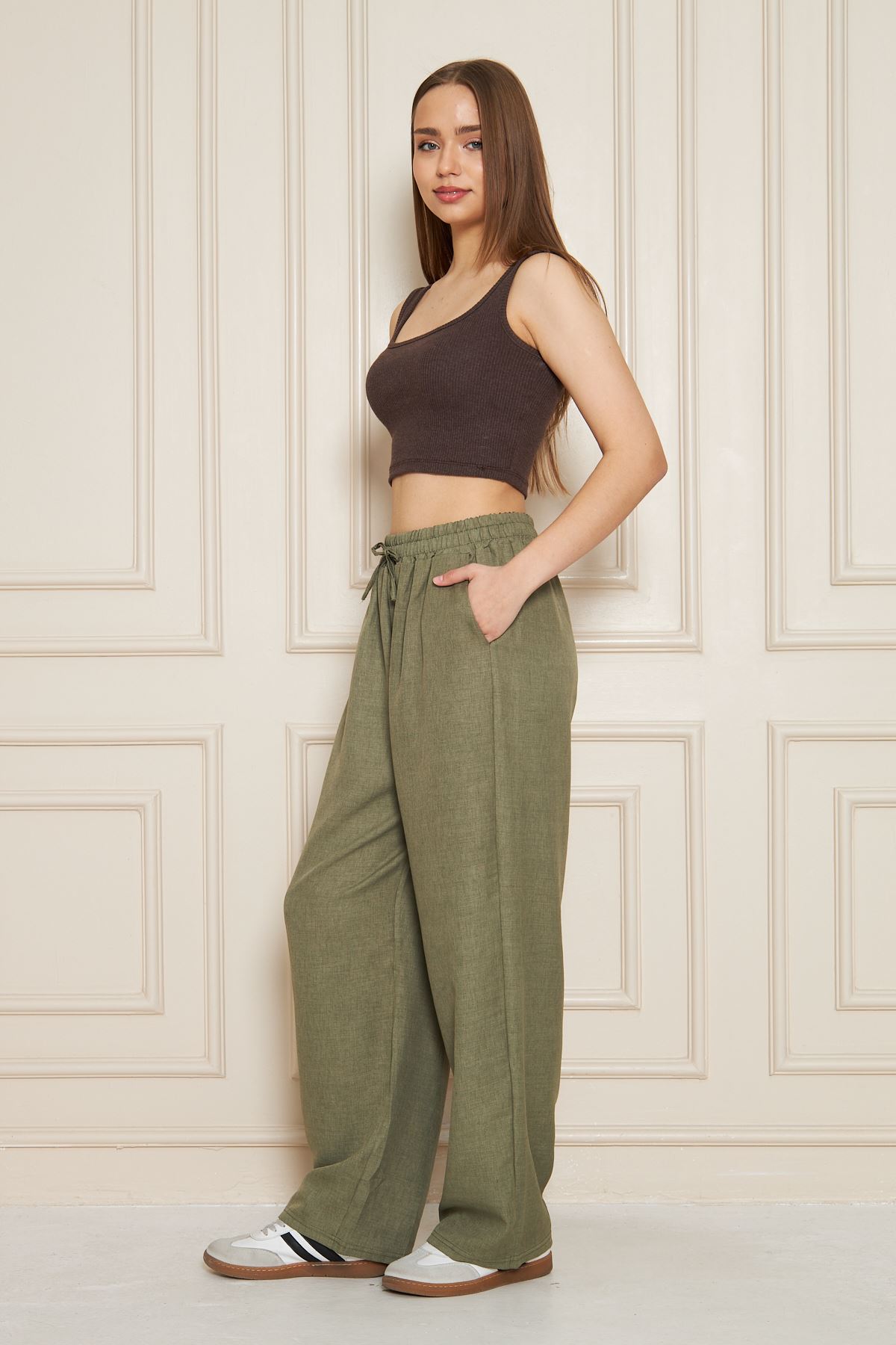 Kadın Trend Yüksek Bel Lastikli Haki Bol Pantolon