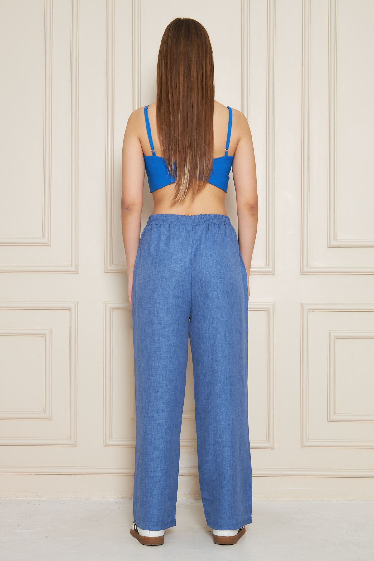 Kadın Trend Yüksek Bel Lastikli İndigo Bol Pantolon