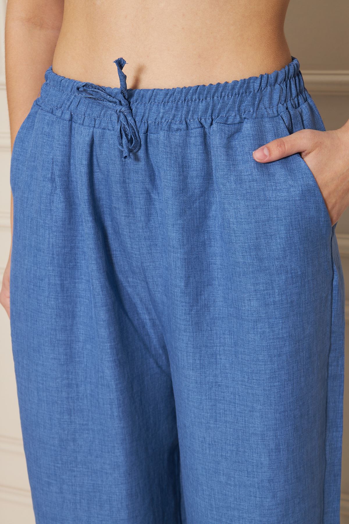 Kadın Trend Yüksek Bel Lastikli İndigo Bol Pantolon