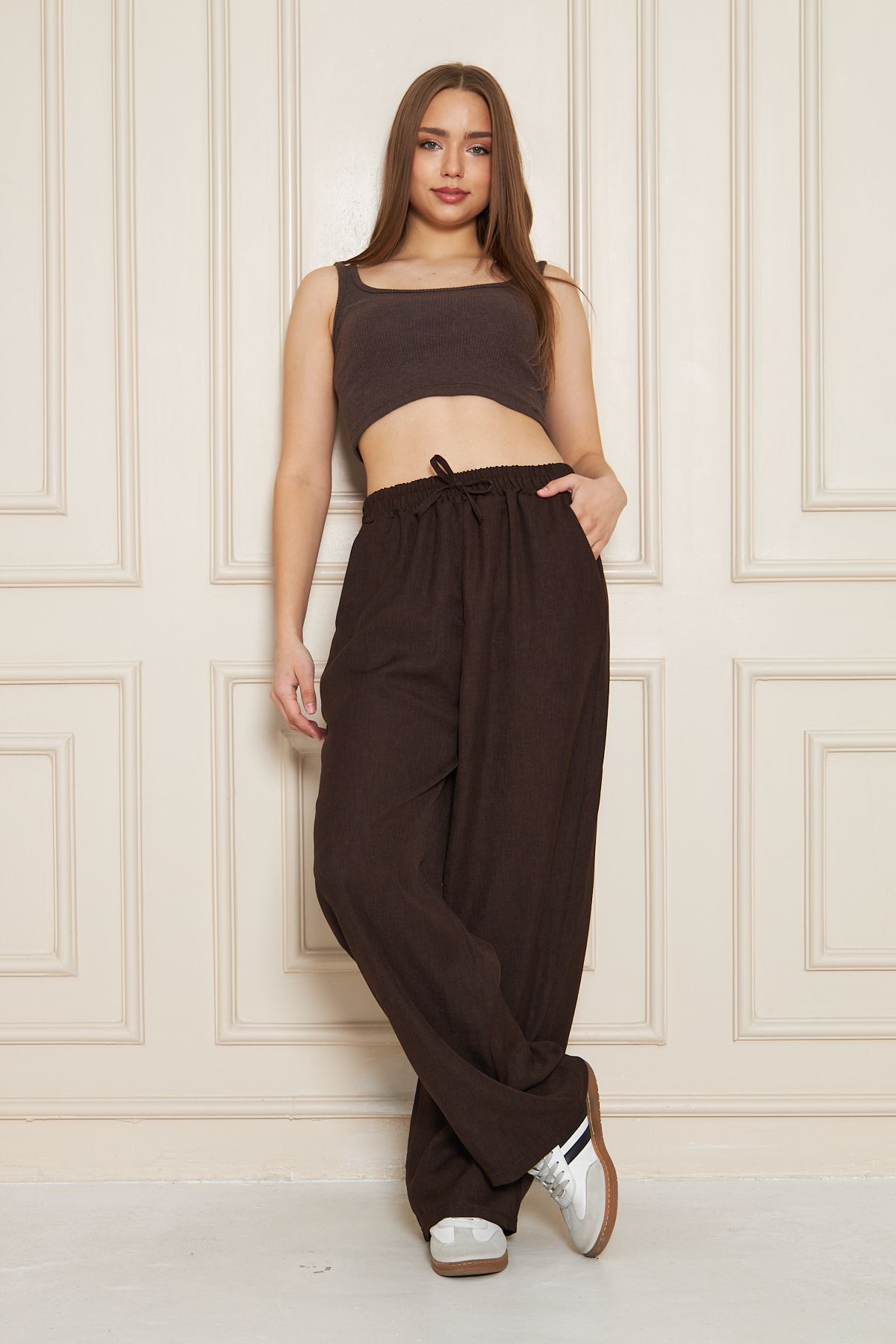 Kadın Trend Yüksek Bel Lastikli Kahve Bol Pantolon
