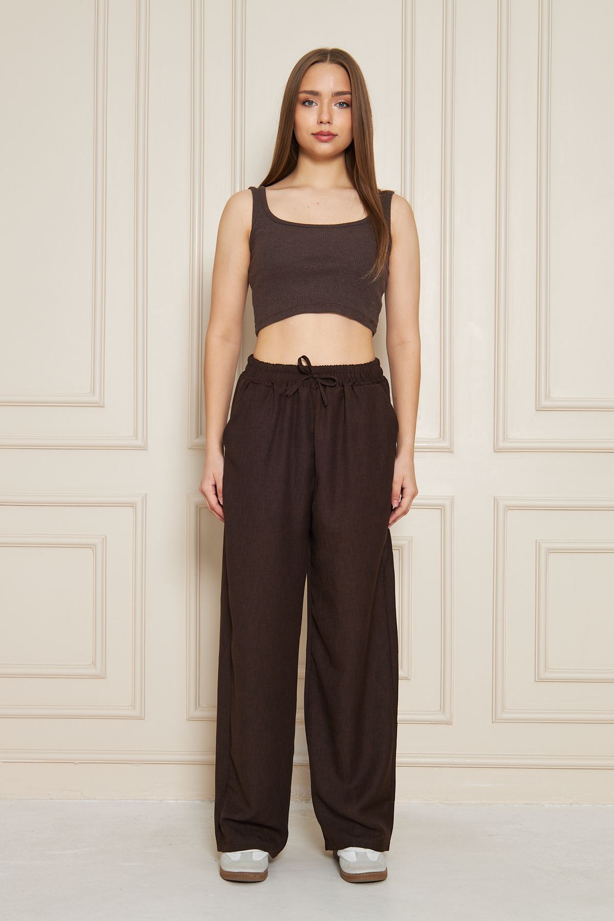 Kadın Trend Yüksek Bel Lastikli Kahve Bol Pantolon