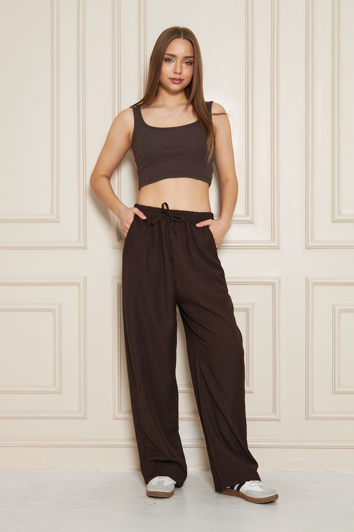 Kadın Trend Yüksek Bel Lastikli Kahve Bol Pantolon