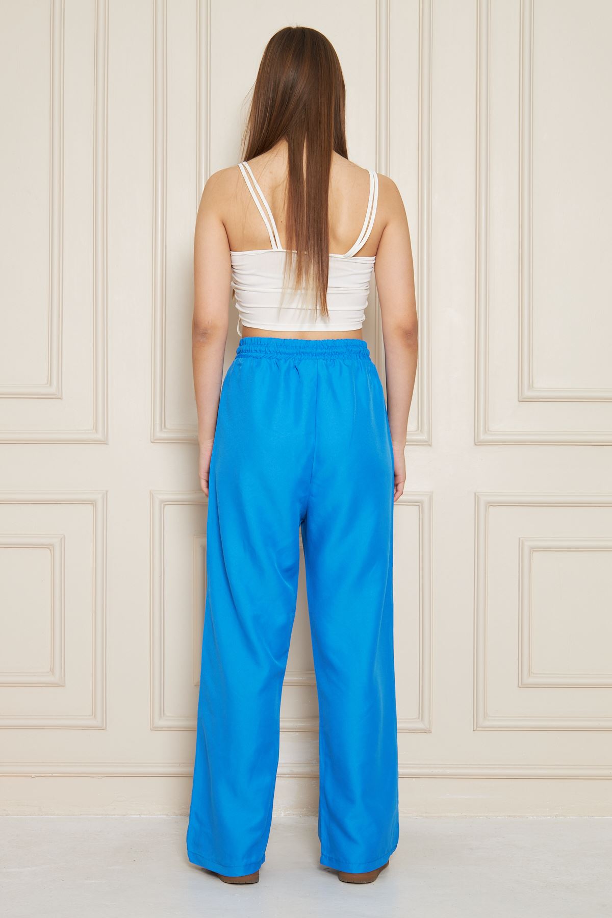 Kadın Trend Yüksek Bel Lastikli Mavi Bol Pantolon