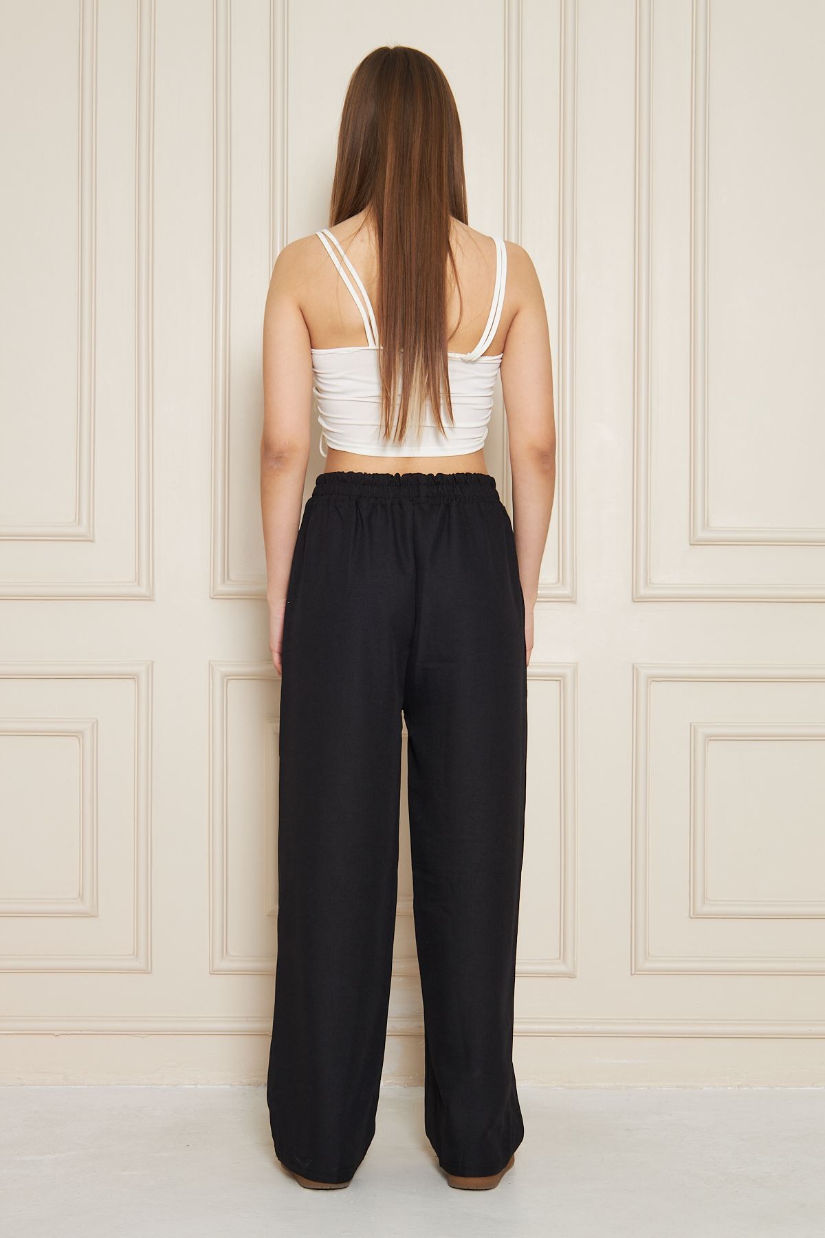 Kadın Trend Yüksek Bel Lastikli Siyah Bol Pantolon