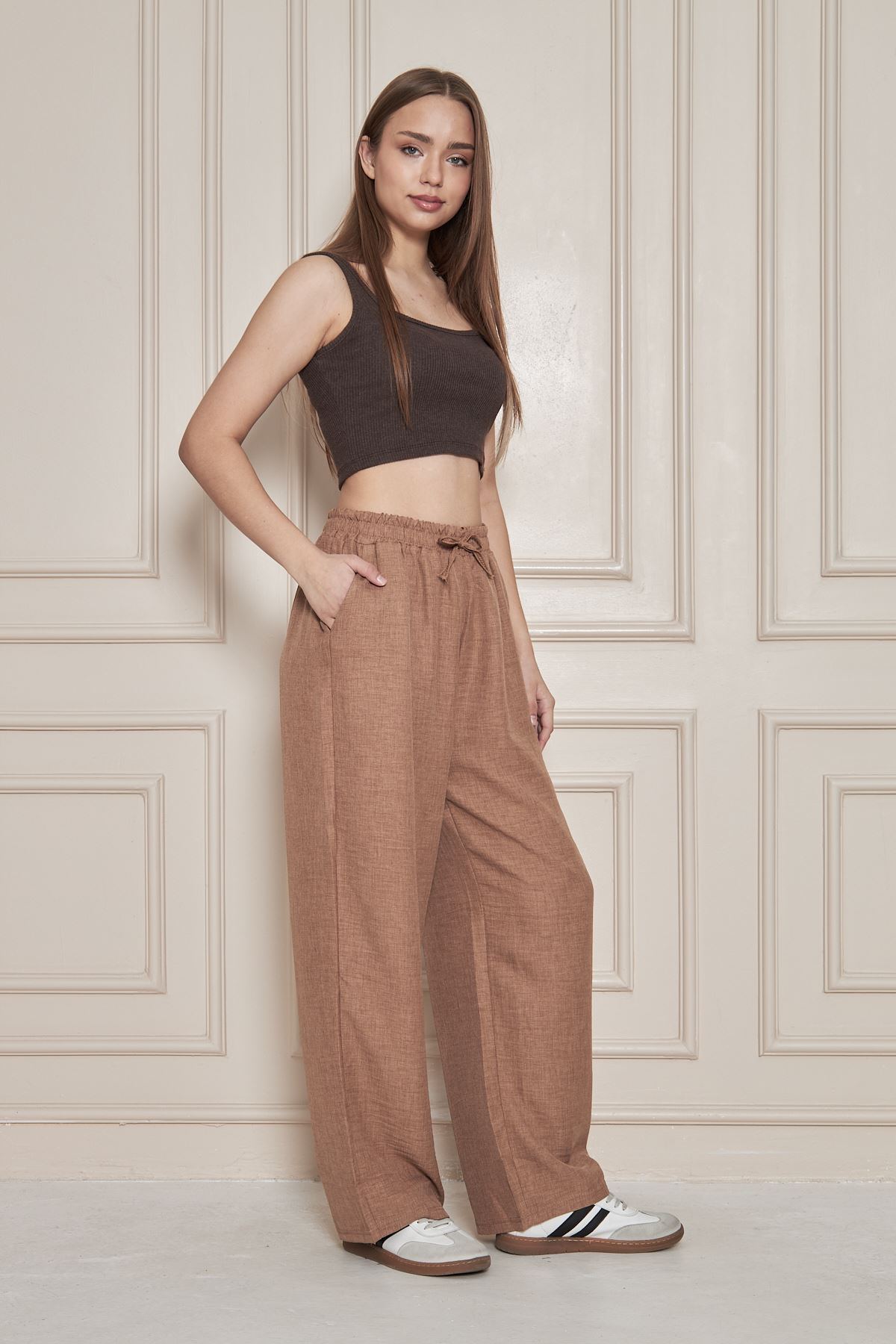 Kadın Trend Yüksek Bel Lastikli S.Kahve Bol Pantolon