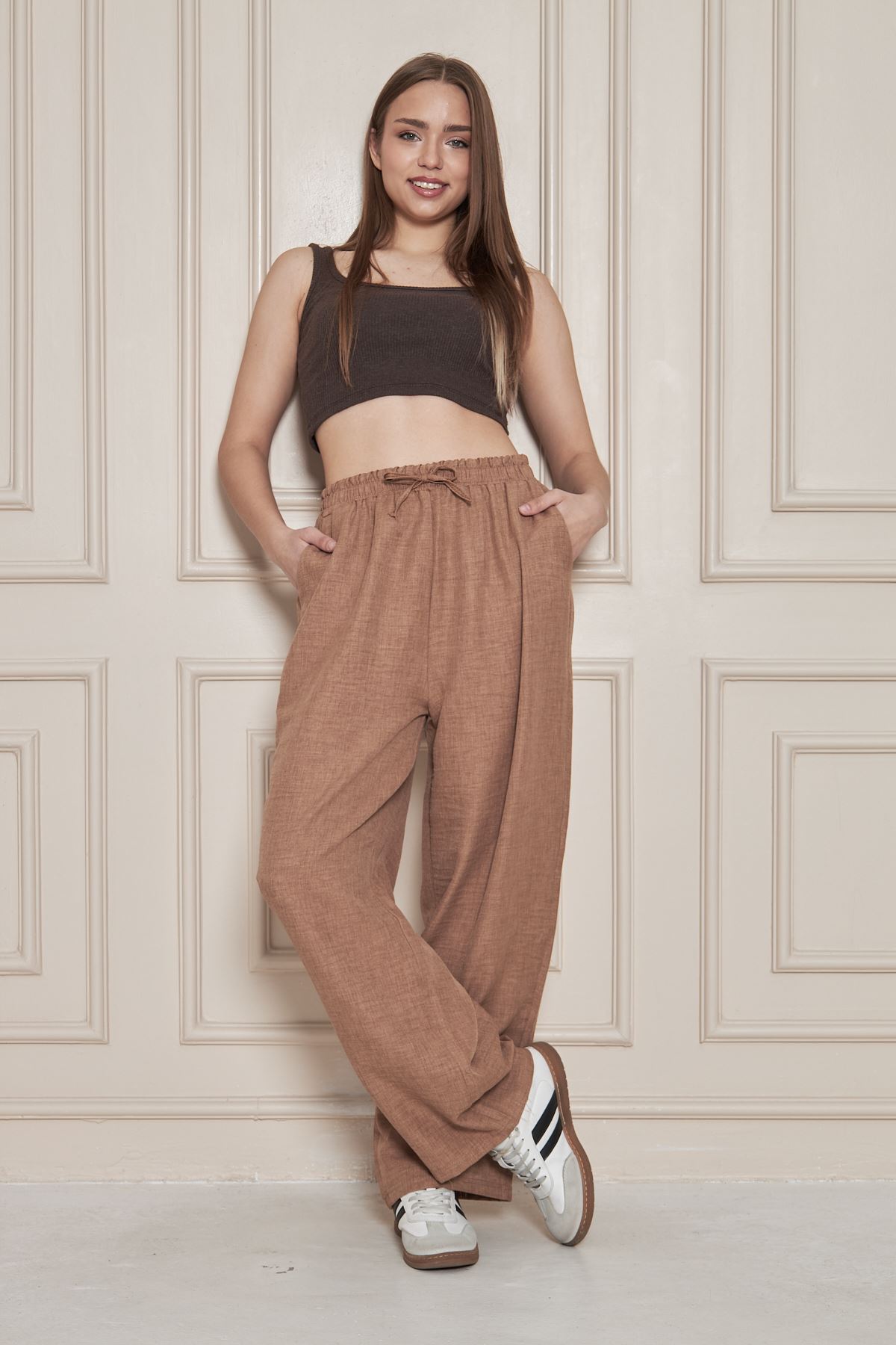 Kadın Trend Yüksek Bel Lastikli S.Kahve Bol Pantolon
