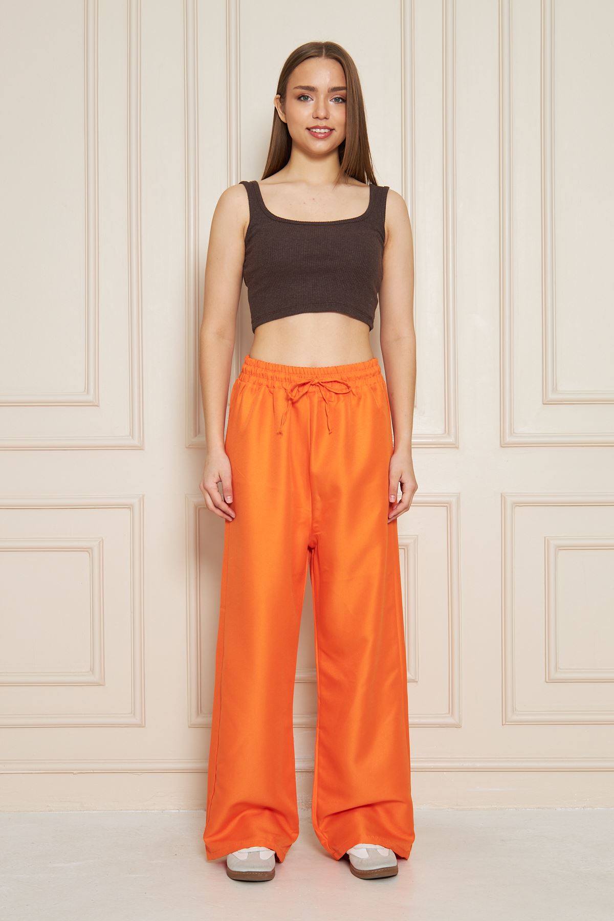 Kadın Trend Yüksek Bel Lastikli Turuncu Bol Pantolon