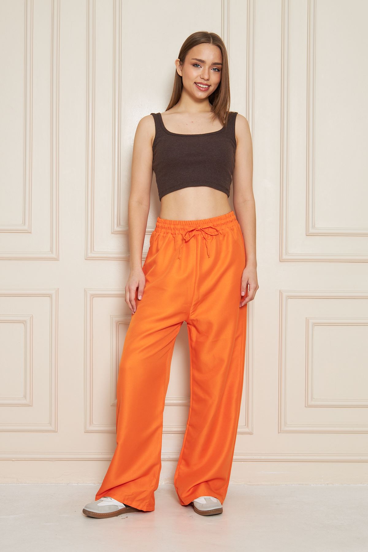 Kadın Trend Yüksek Bel Lastikli Turuncu Bol Pantolon