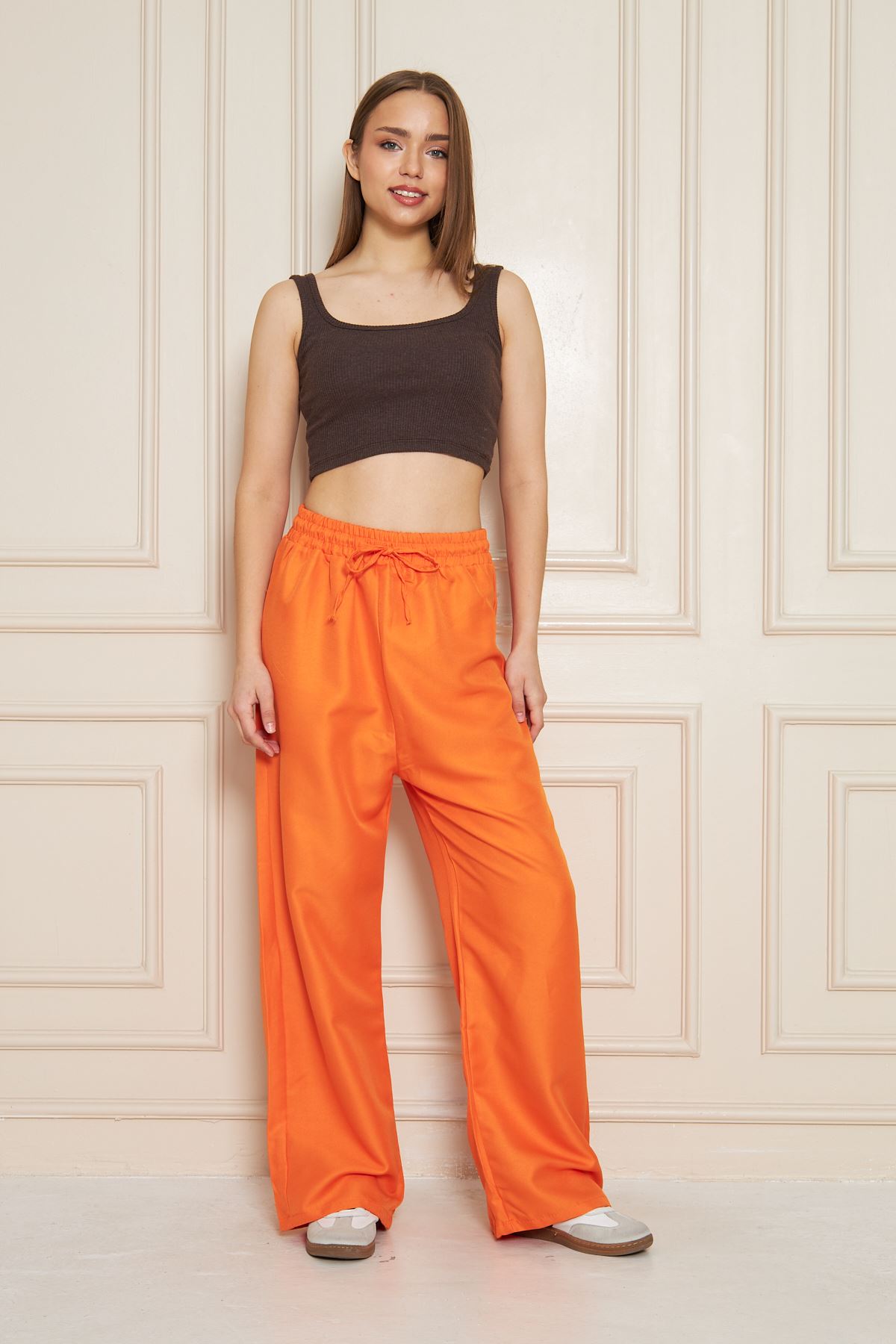 Kadın Trend Yüksek Bel Lastikli Turuncu Bol Pantolon