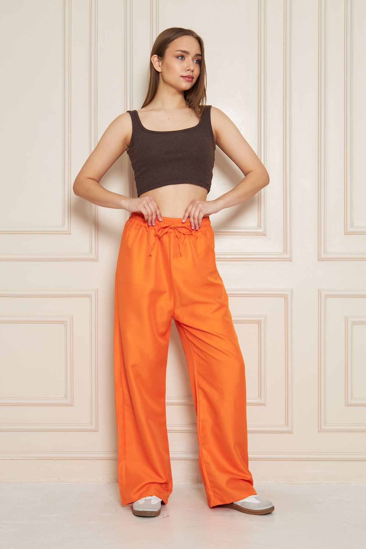Kadın Trend Yüksek Bel Lastikli Turuncu Bol Pantolon