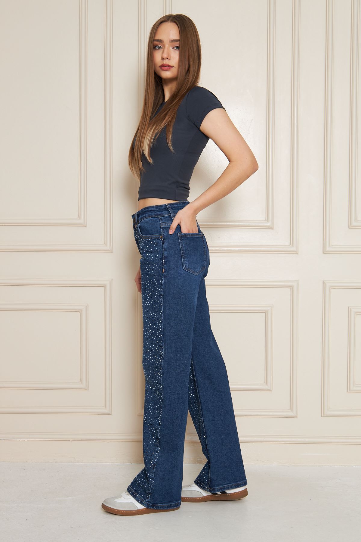 Kadın Yüksek Bel Baggy Taşlı Bol Paça Lacivert Kot Pantolon