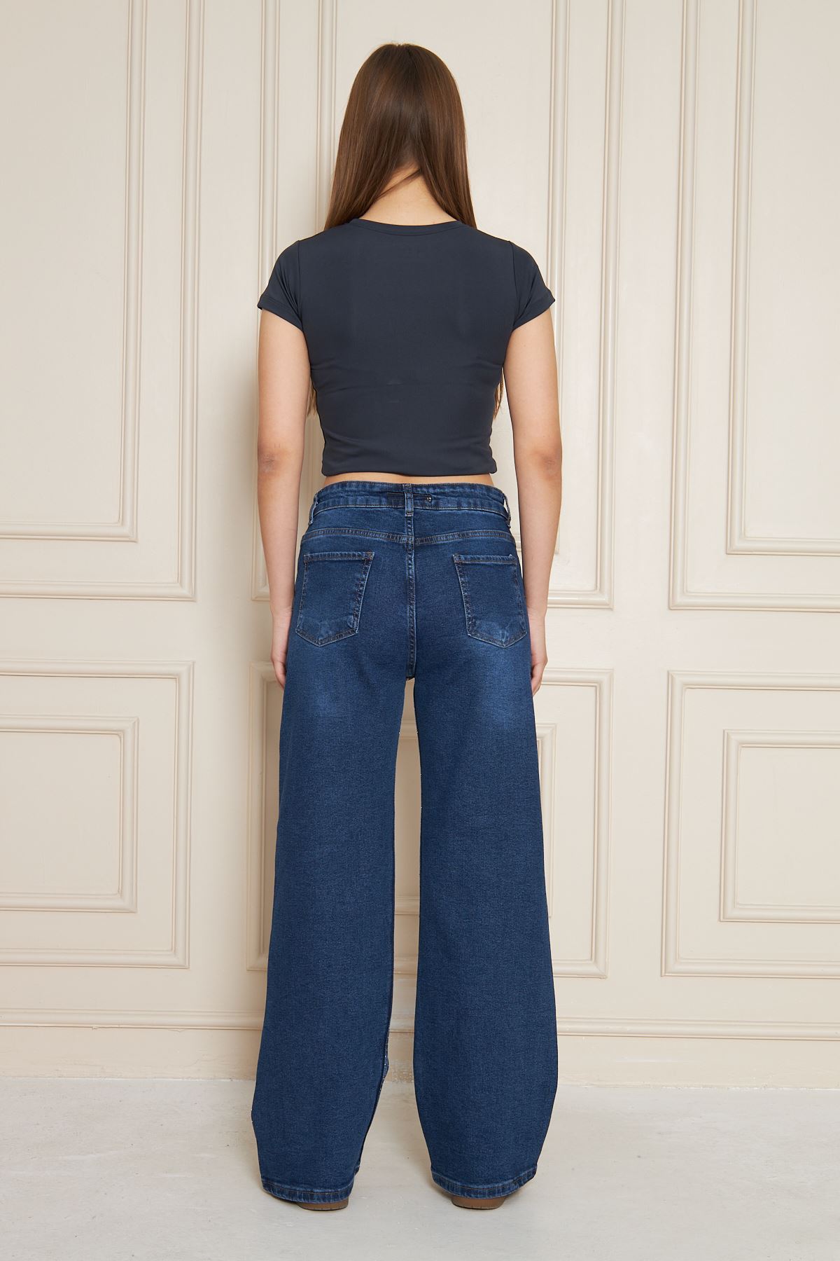 Kadın Yüksek Bel Baggy Taşlı Bol Paça Lacivert Kot Pantolon