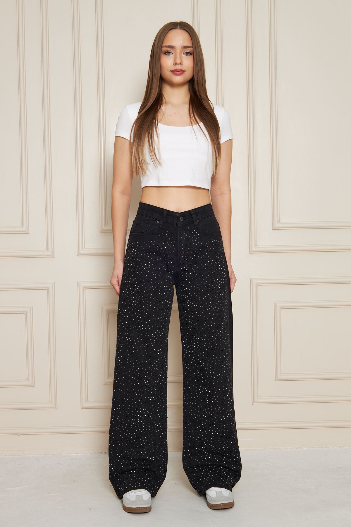 Kadın Yüksek Bel Baggy Taşlı Bol Paça Siyah Kot Pantolon