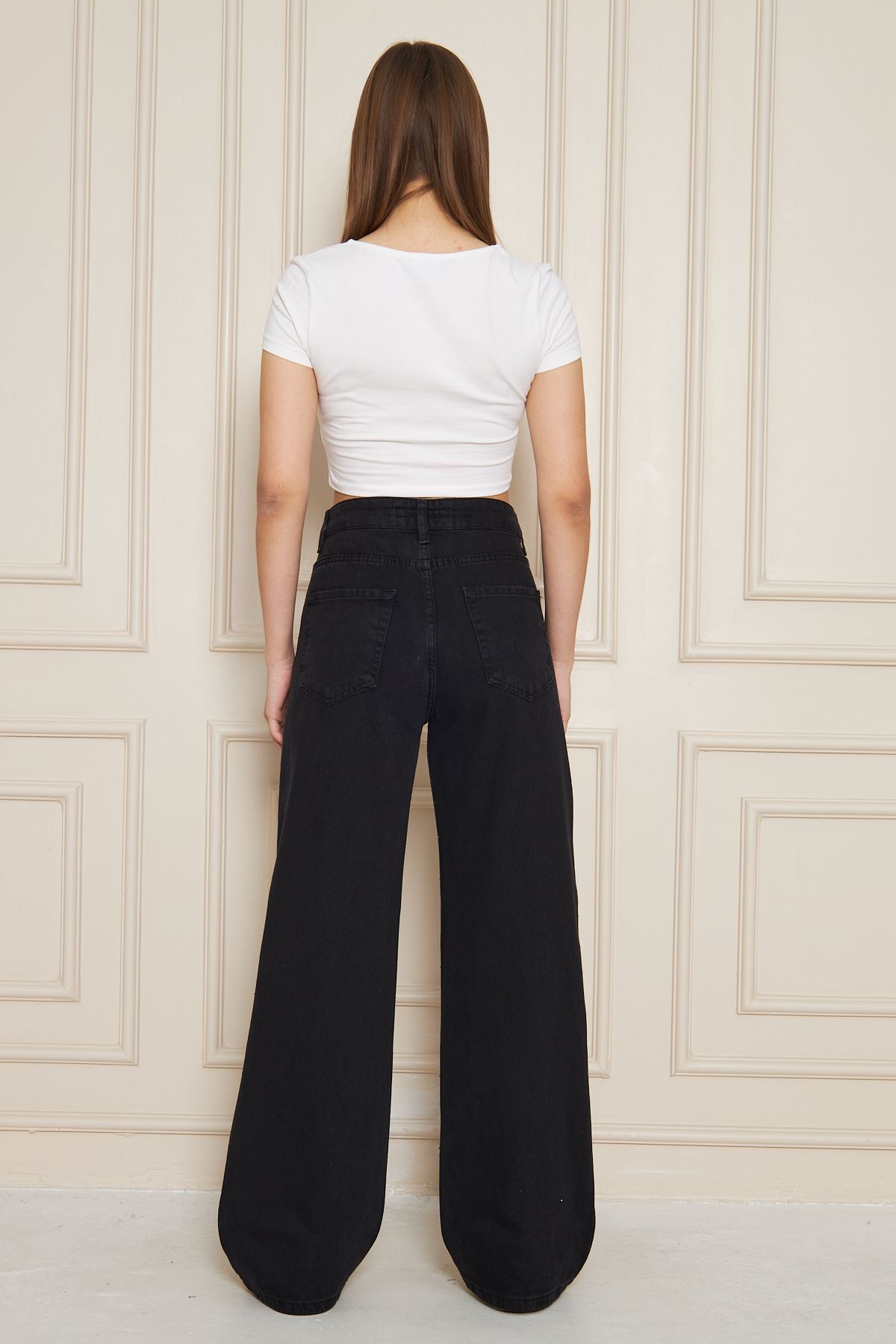 Kadın Yüksek Bel Baggy Taşlı Bol Paça Siyah Kot Pantolon