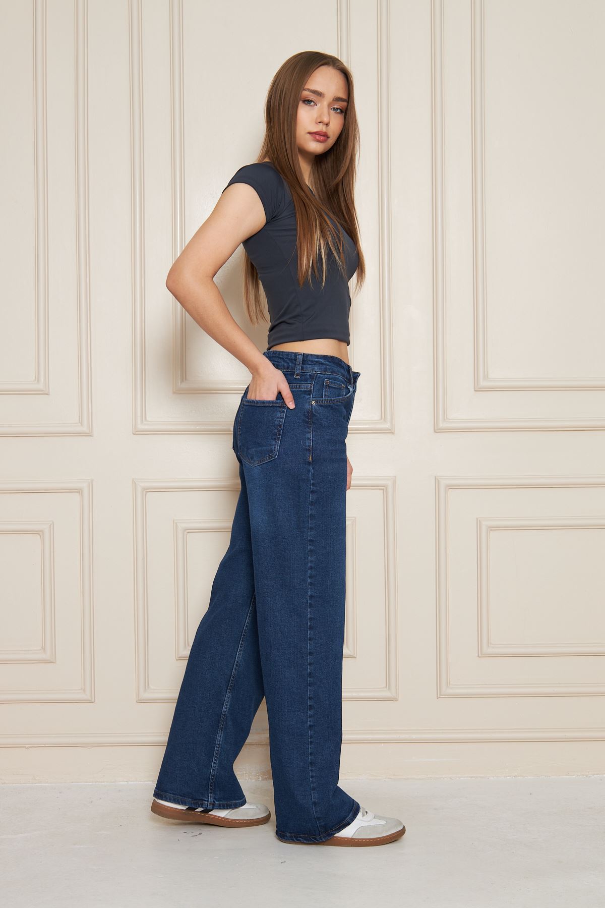 Kadın Bol Paça Yüksek Bel Baggy Lacivert Kot Pantolon