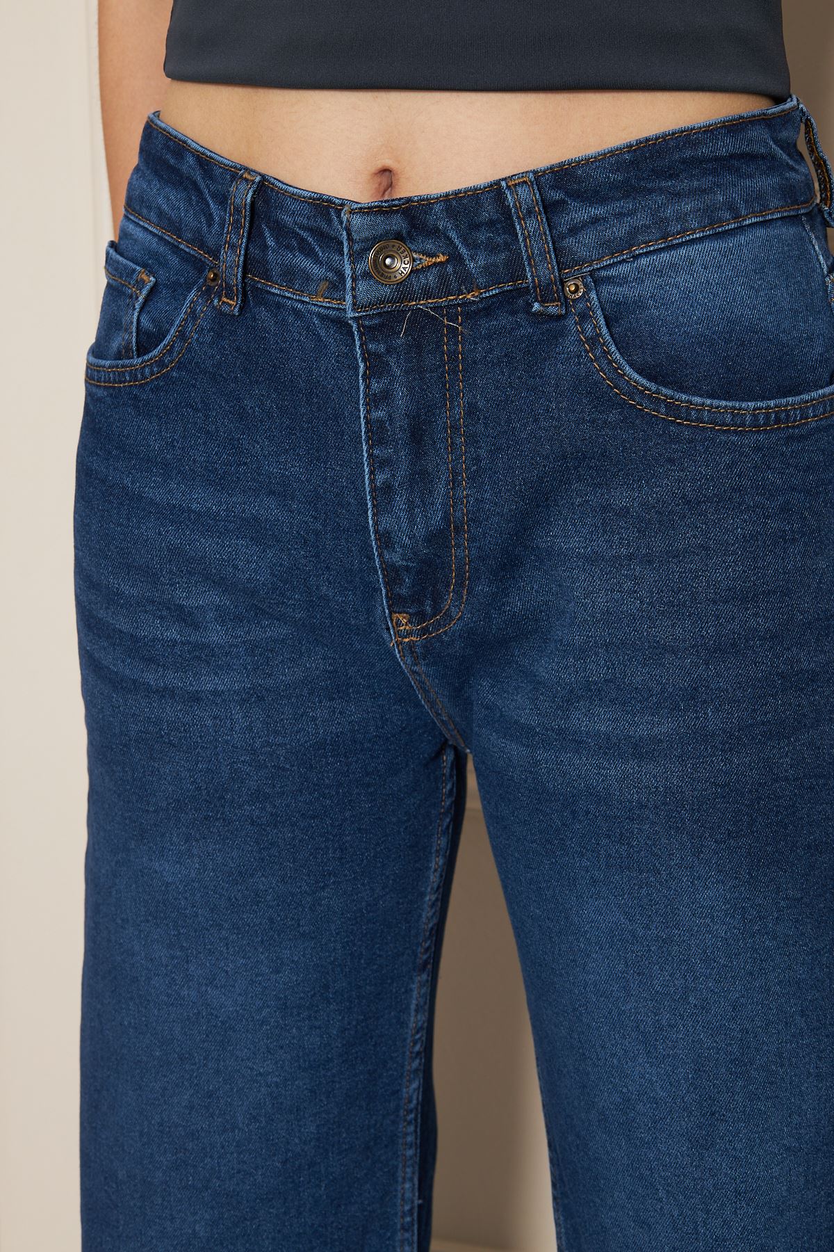 Kadın Bol Paça Yüksek Bel Baggy Lacivert Kot Pantolon