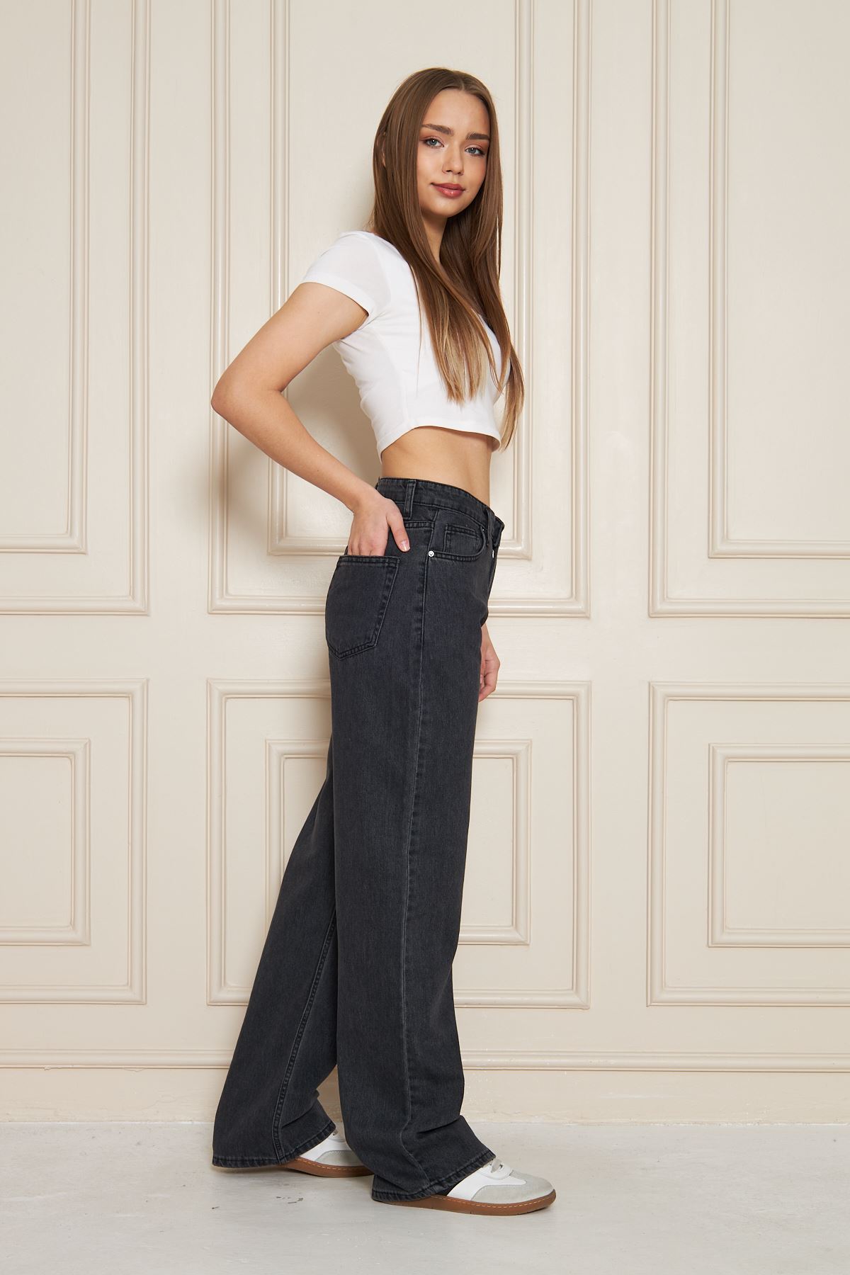 Kadın Bol Paça Yüksek Bel Baggy Füme Kot Pantolon