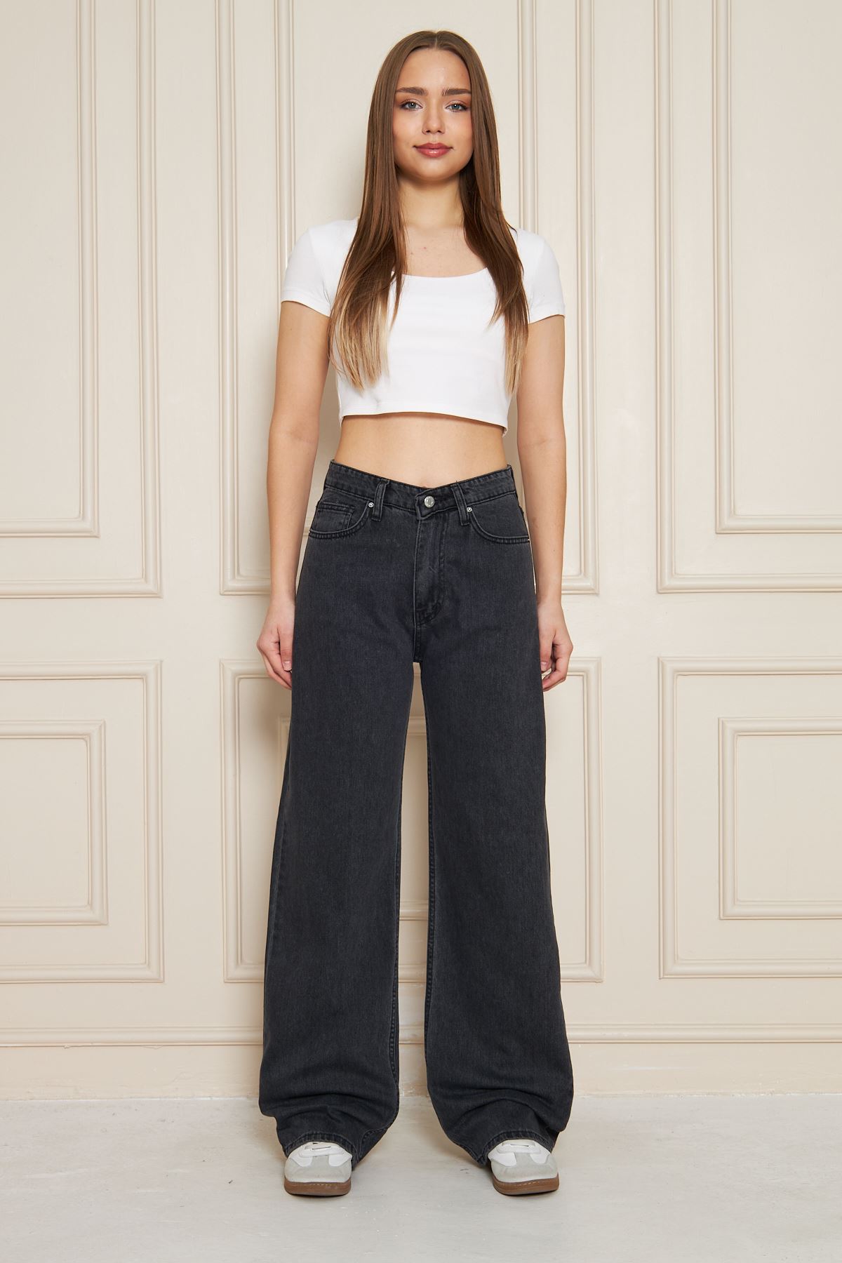 Kadın Bol Paça Yüksek Bel Baggy Füme Kot Pantolon