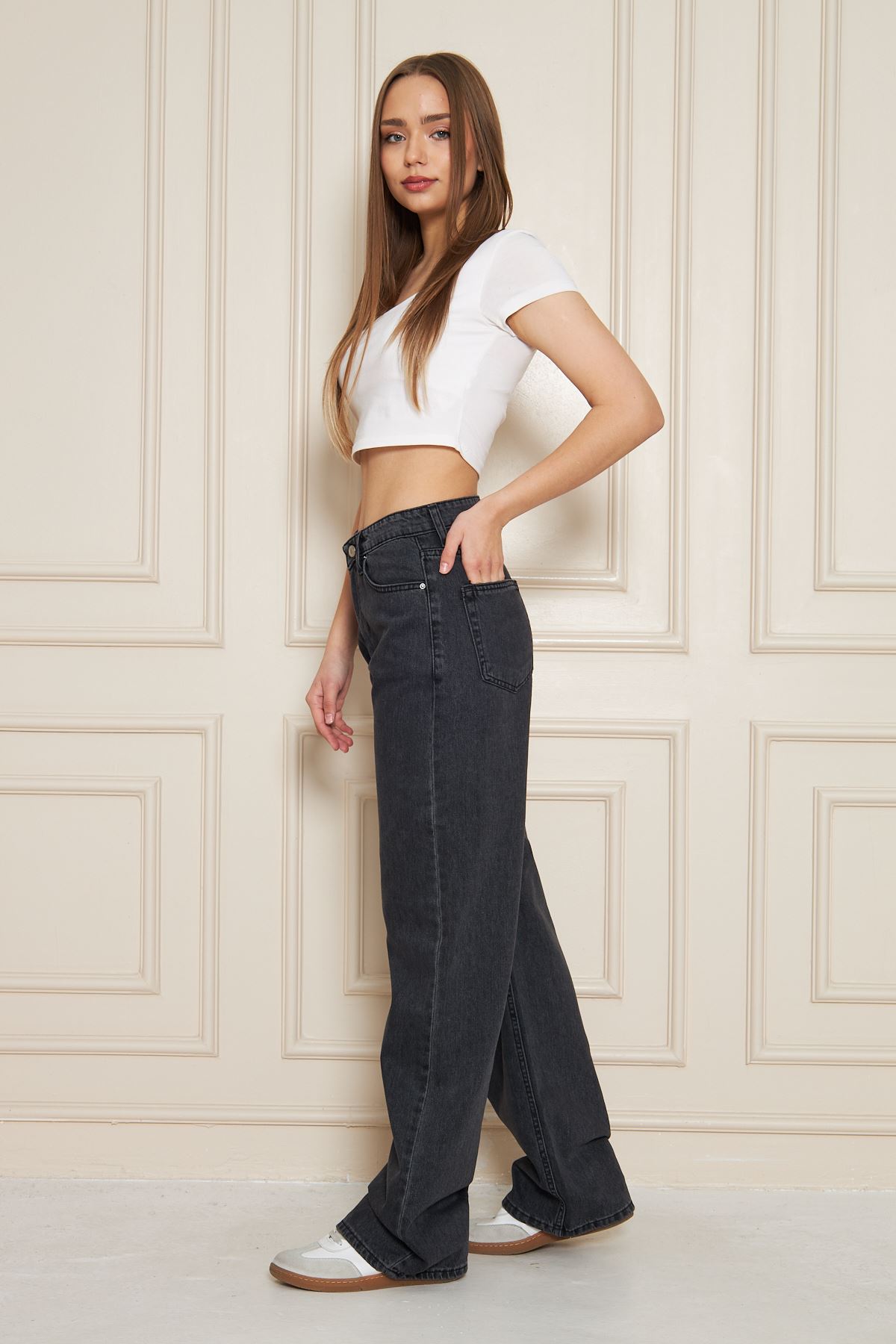 Kadın Bol Paça Yüksek Bel Baggy Füme Kot Pantolon