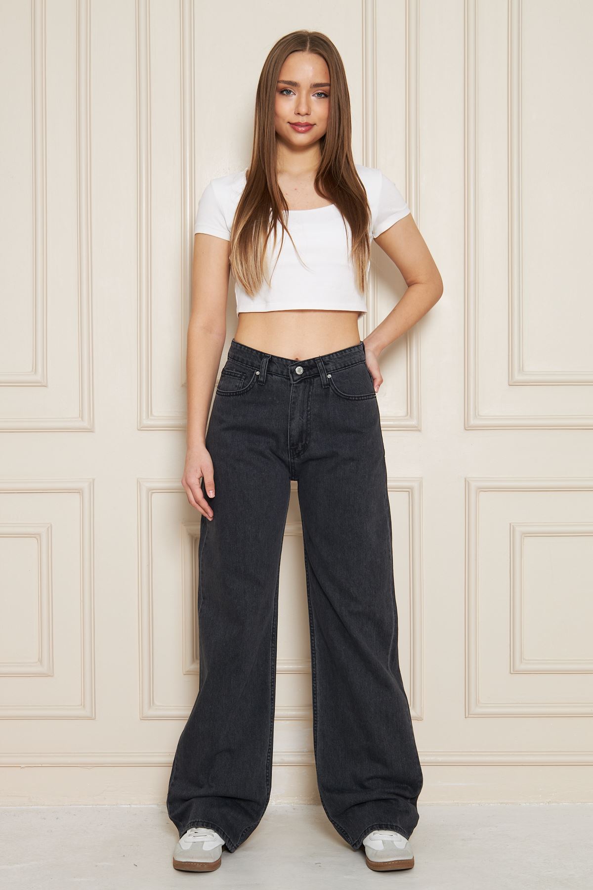 Kadın Bol Paça Yüksek Bel Baggy Füme Kot Pantolon