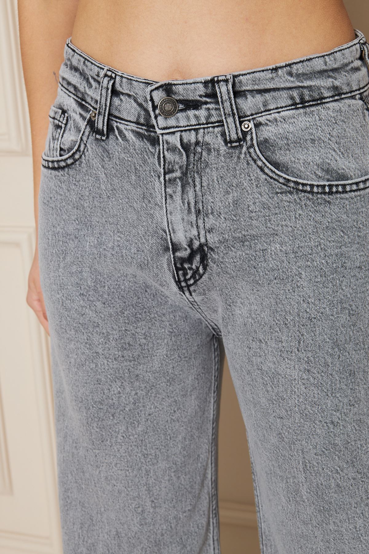 Kadın Bol Paça Yüksek Bel Baggy Gri Kot Pantolon