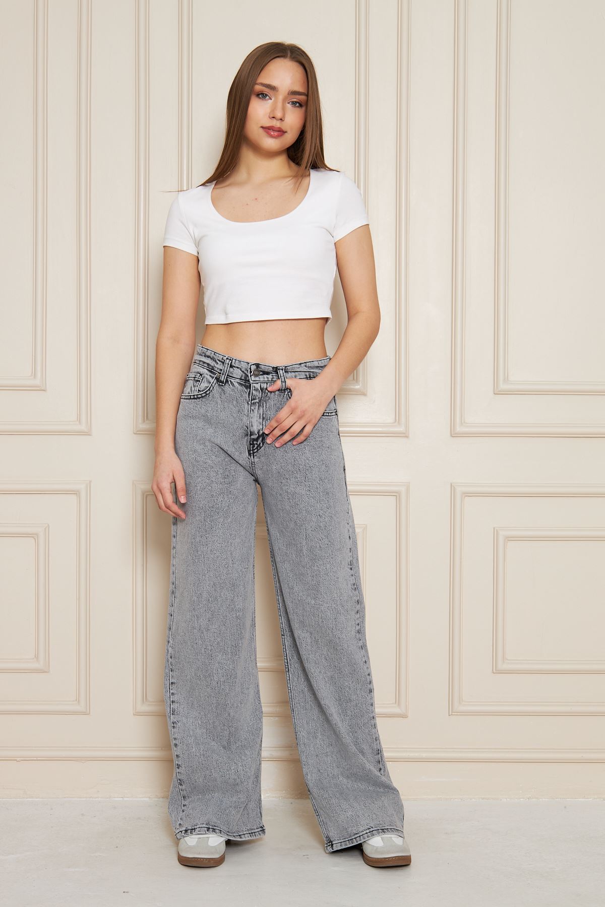 Kadın Bol Paça Yüksek Bel Baggy Gri Kot Pantolon