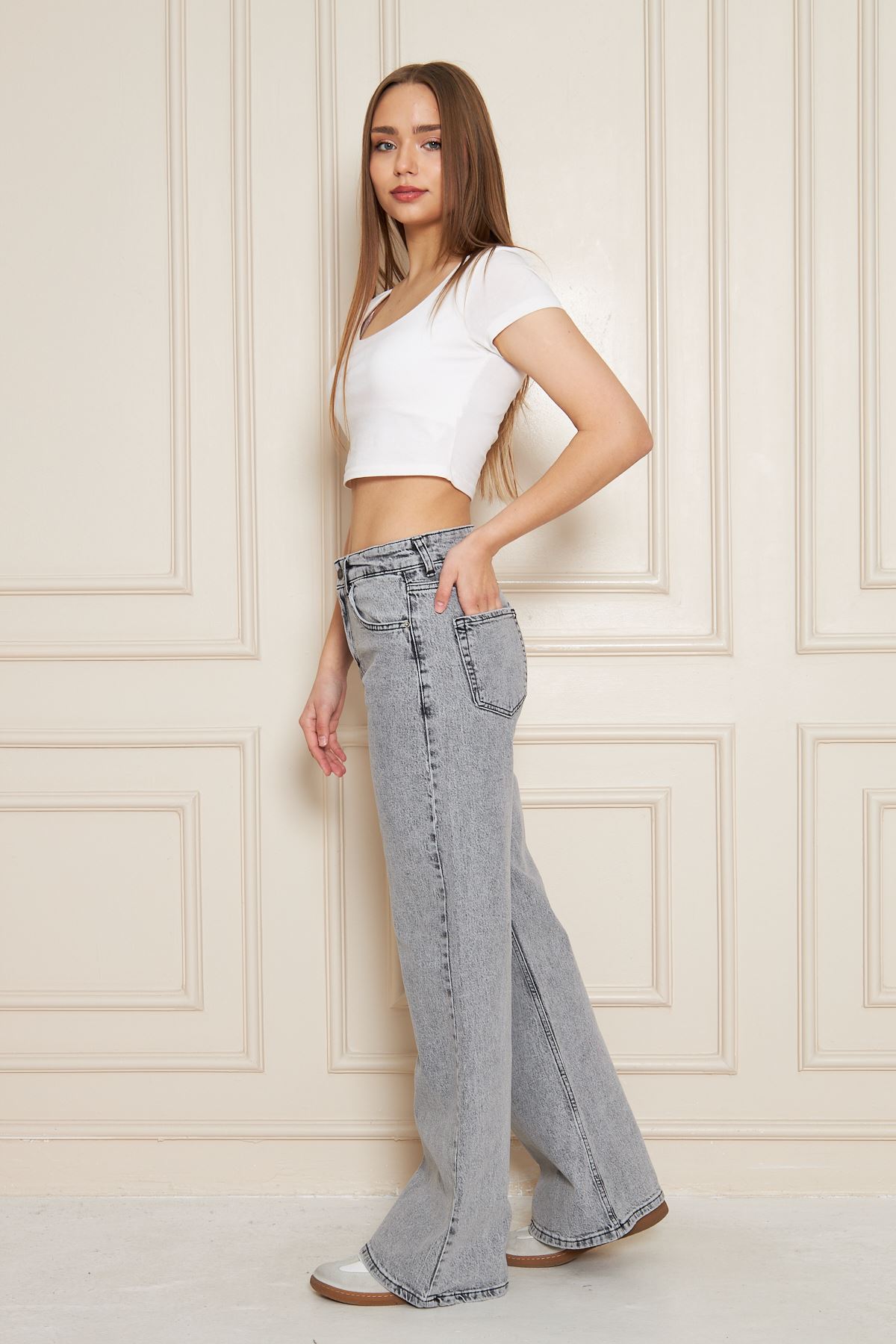 Kadın Bol Paça Yüksek Bel Baggy Gri Kot Pantolon