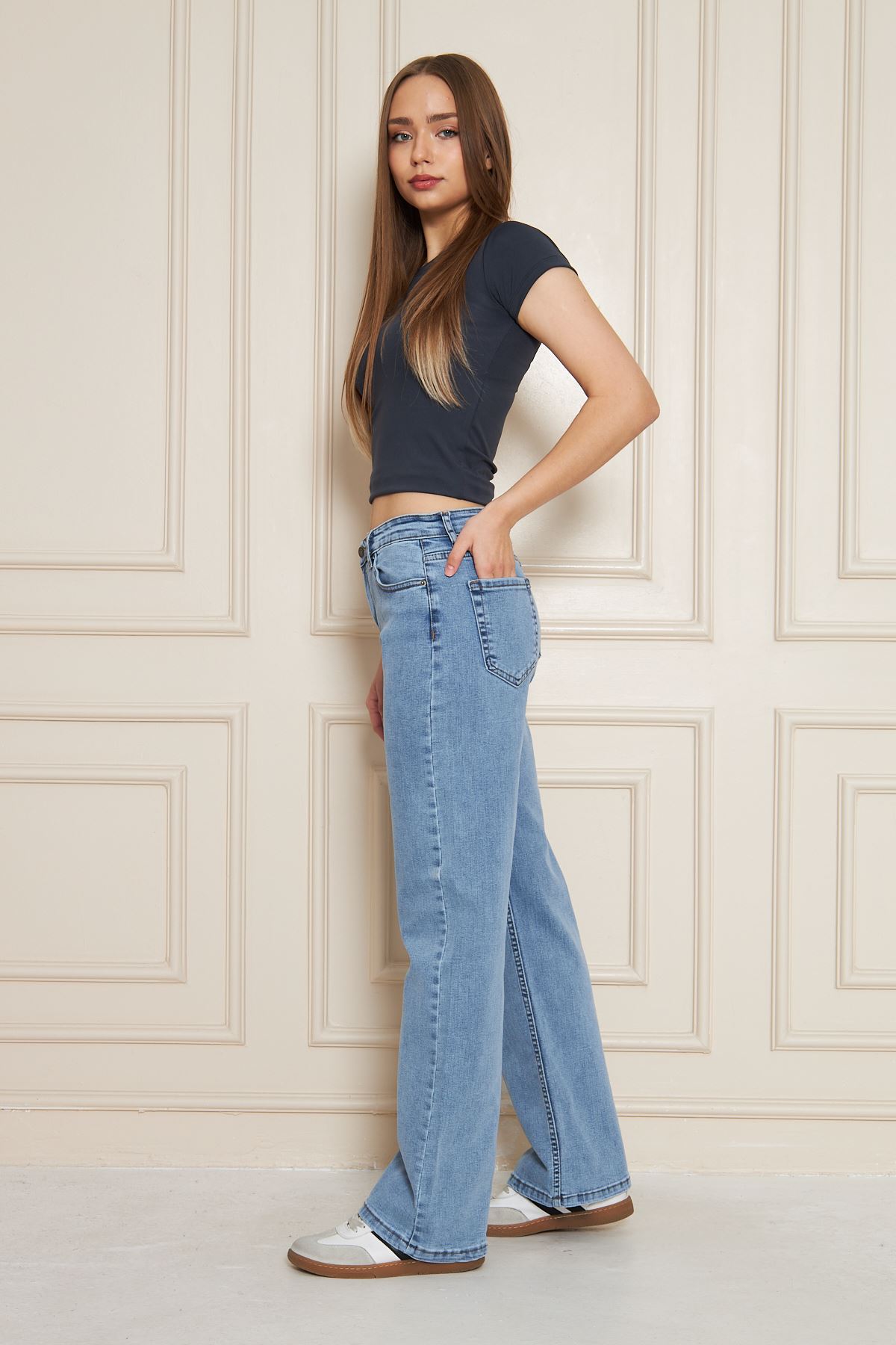 Kadın Bol Paça Yüksek Bel Baggy Mavi Kot Pantolon