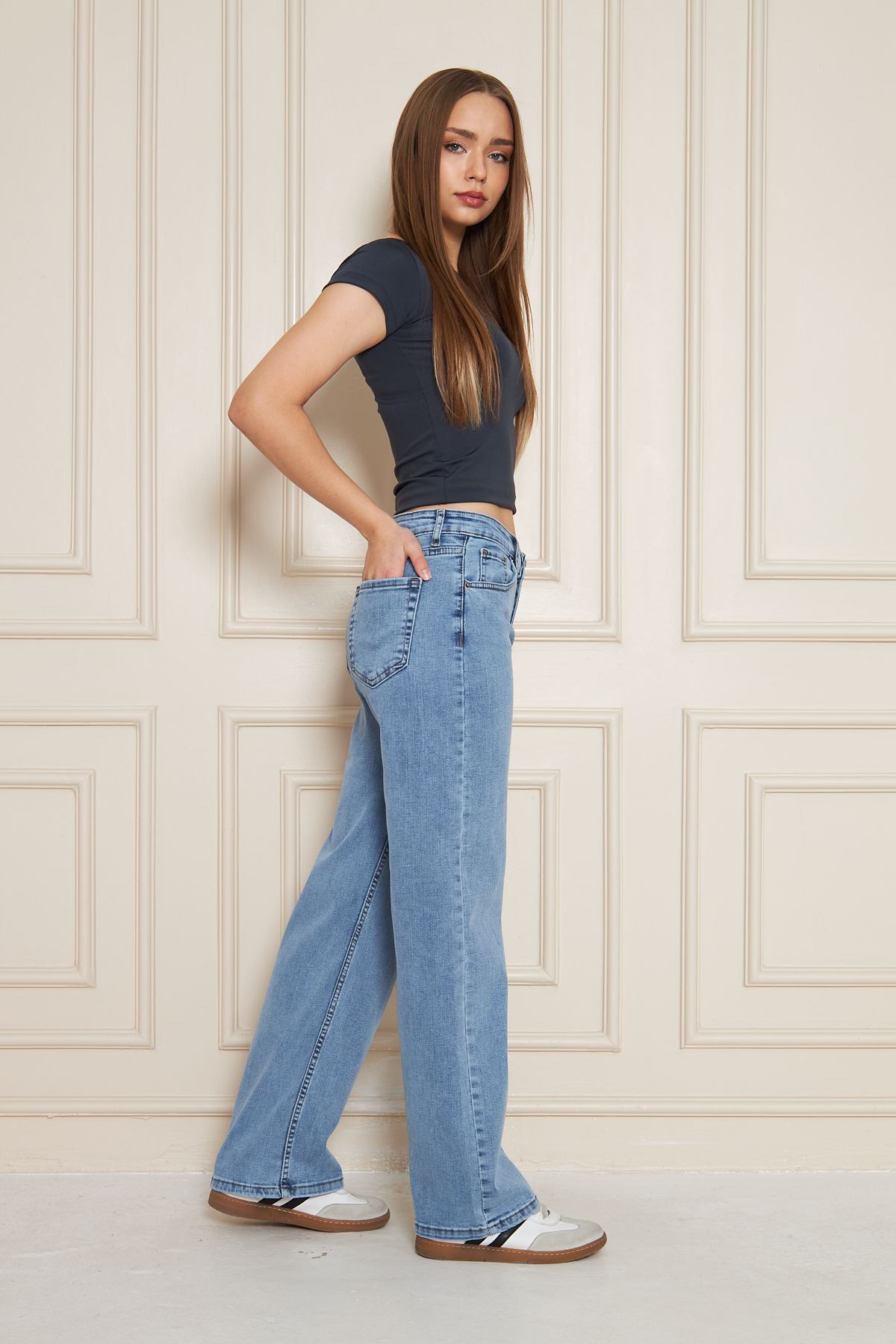 Kadın Bol Paça Yüksek Bel Baggy Mavi Kot Pantolon