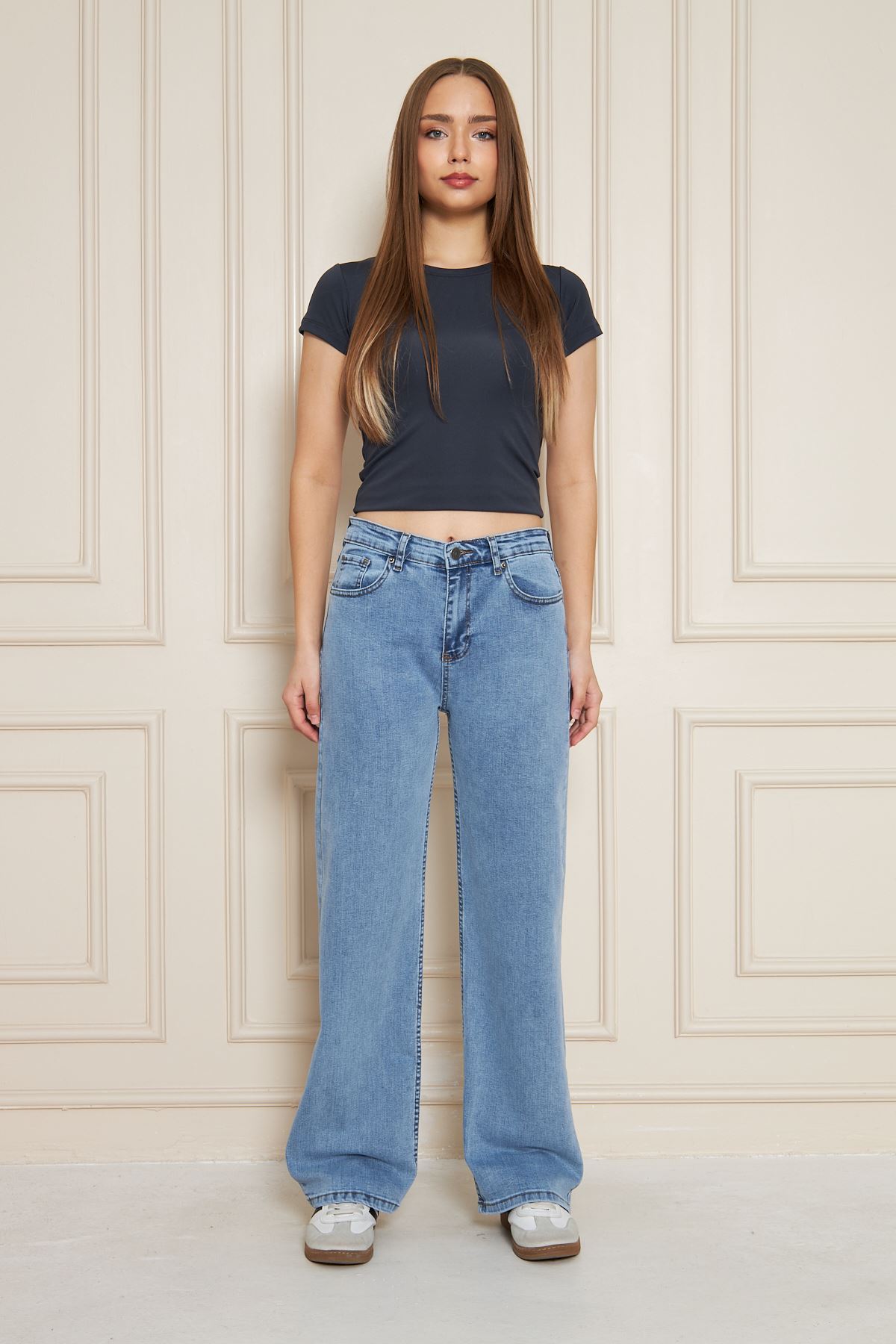 Kadın Bol Paça Yüksek Bel Baggy Mavi Kot Pantolon