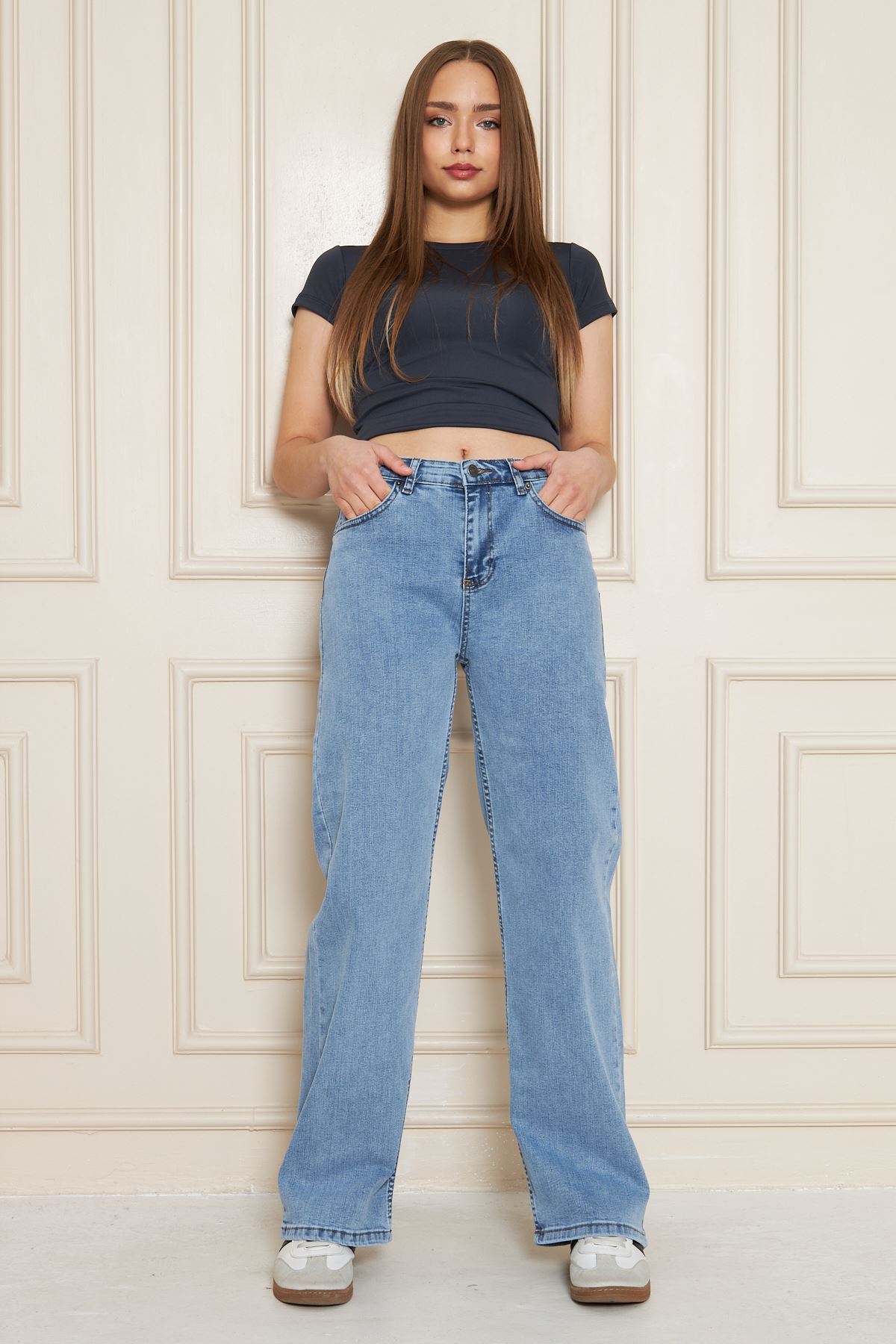 Kadın Bol Paça Yüksek Bel Baggy Mavi Kot Pantolon