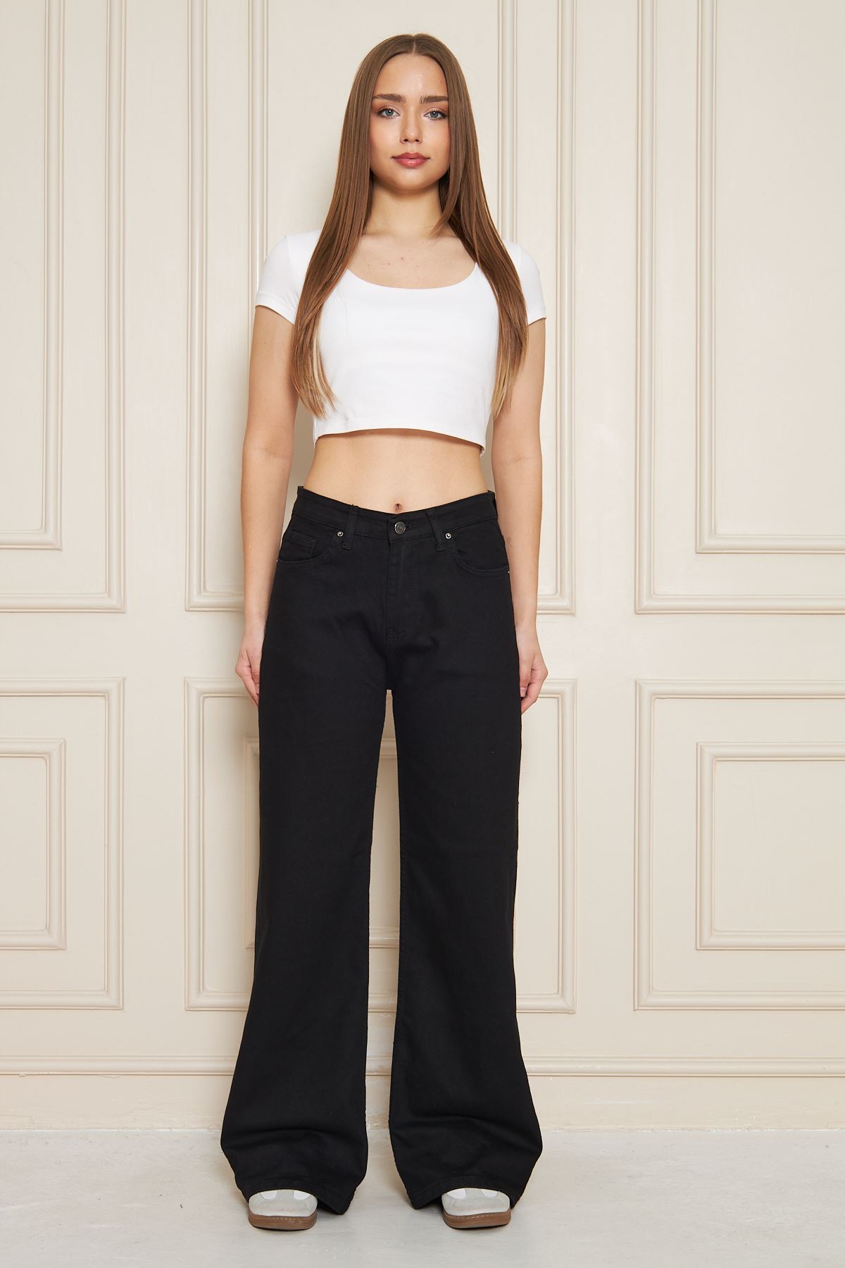 Kadın Bol Paça Yüksek Bel Baggy Siyah Kot Pantolon