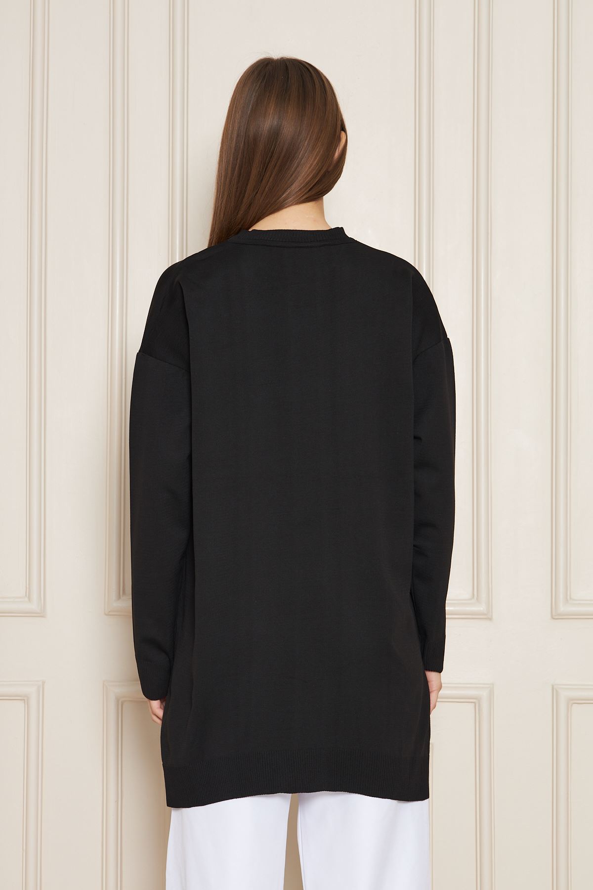 Kadın Bisiklet Yaka Yırtmaçlı Oversize Siyah Triko Kazak