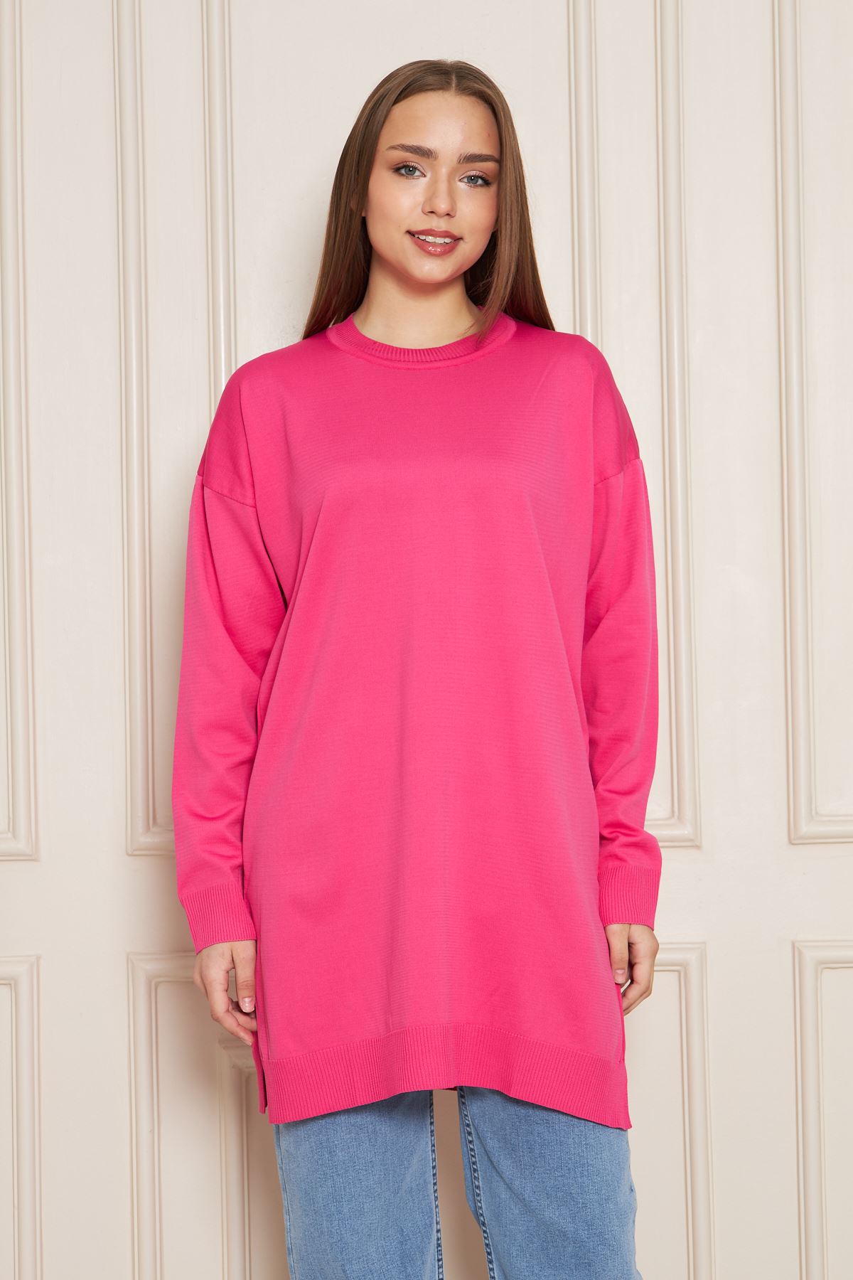 Kadın Bisiklet Yaka Yırtmaçlı Oversize Pembe Triko Kazak